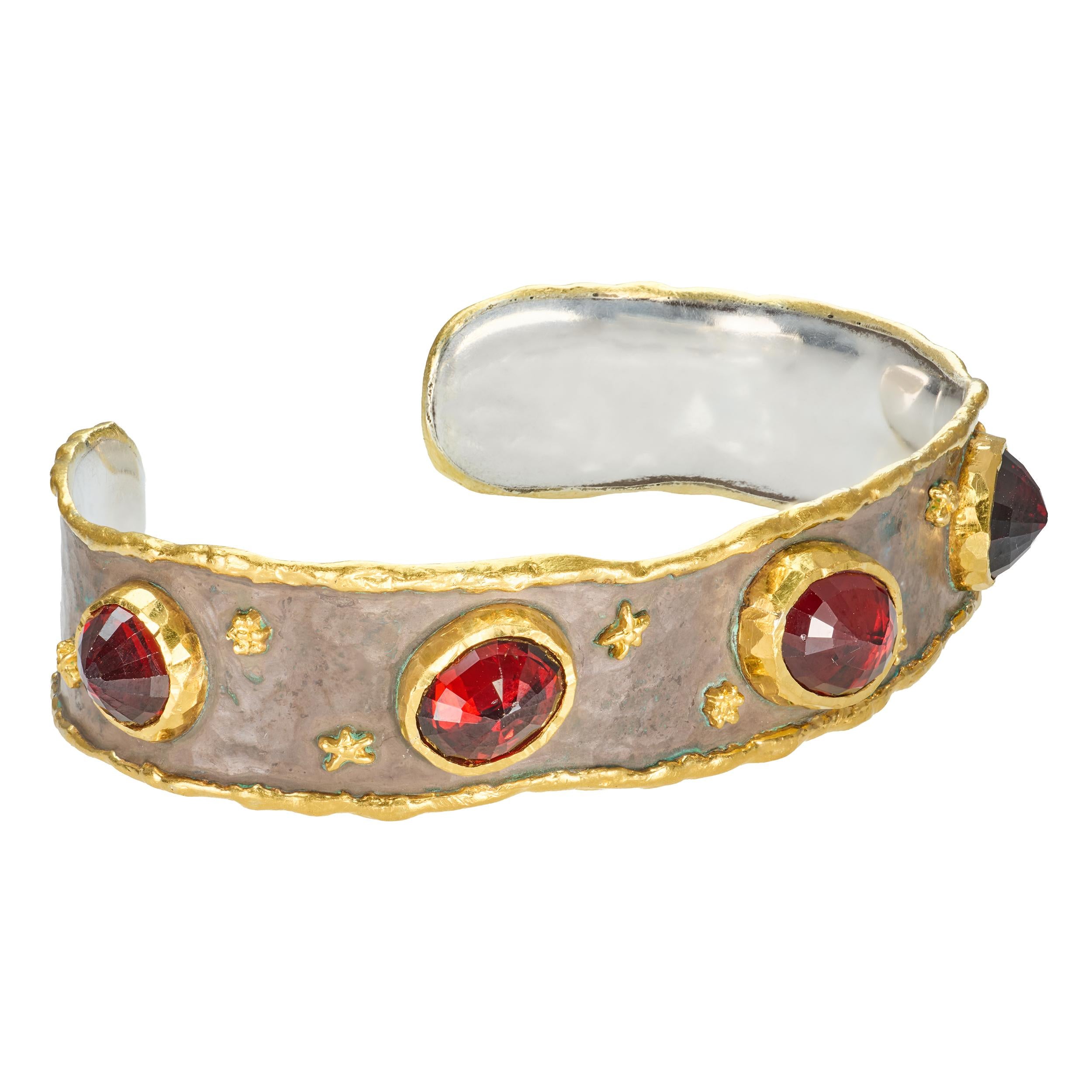 Victor Velyan Sterling Silver & 24k Yellow Gold Spessartite Garnet Cuff Bracelet