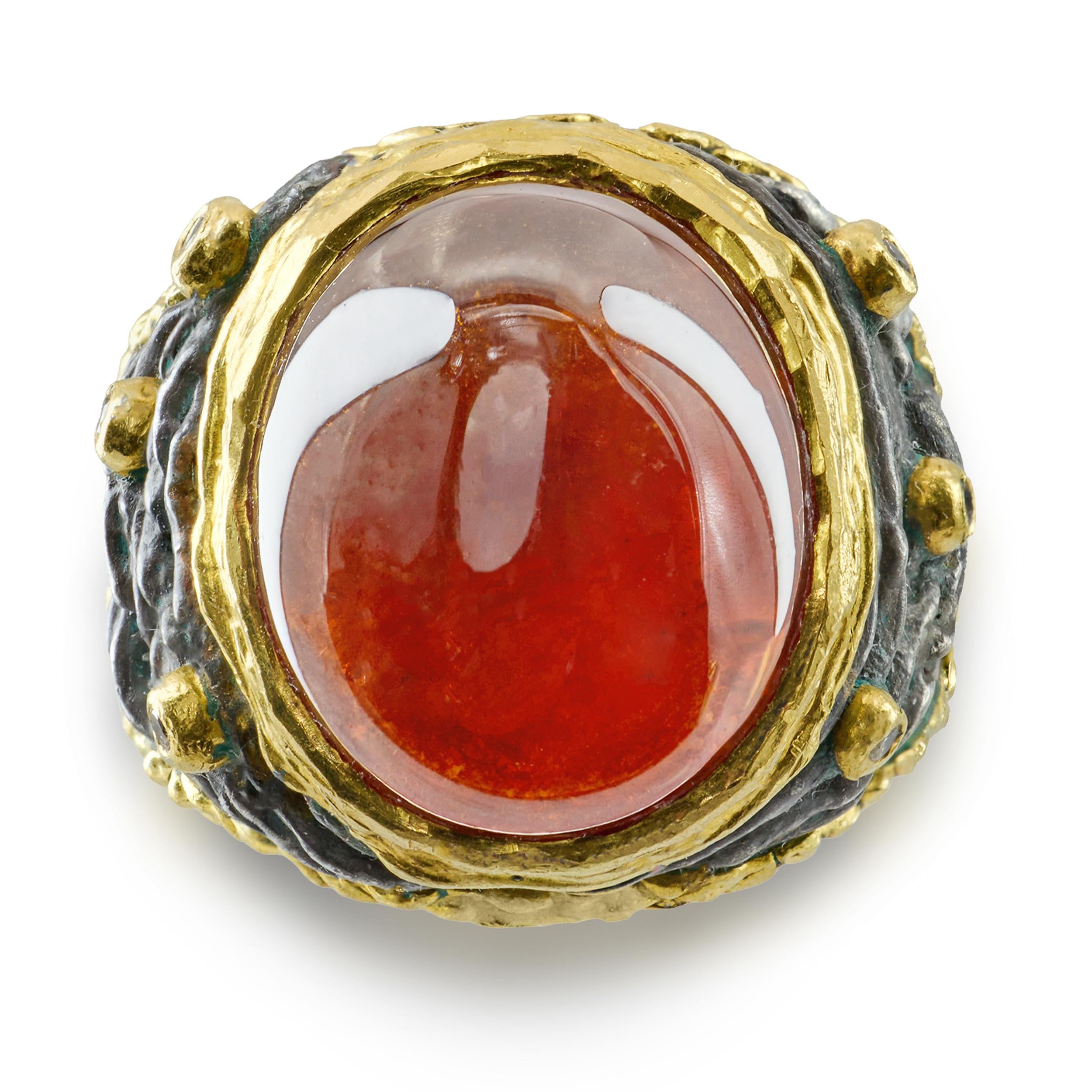 Vintage Victor Veylan Sterling Silver & 24k Yellow Gold Spessartite Garnet Ring