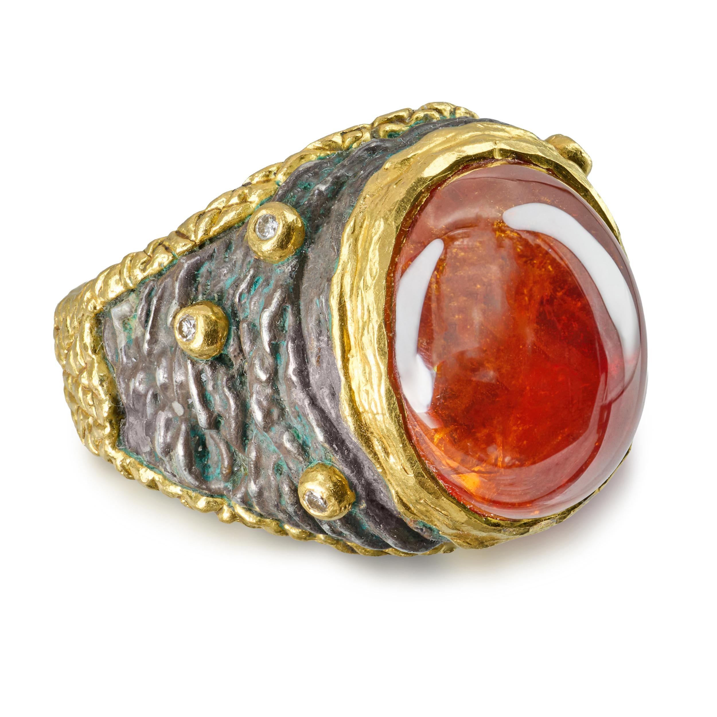 Vintage Victor Veylan Sterling Silver & 24k Yellow Gold Spessartite Garnet Ring
