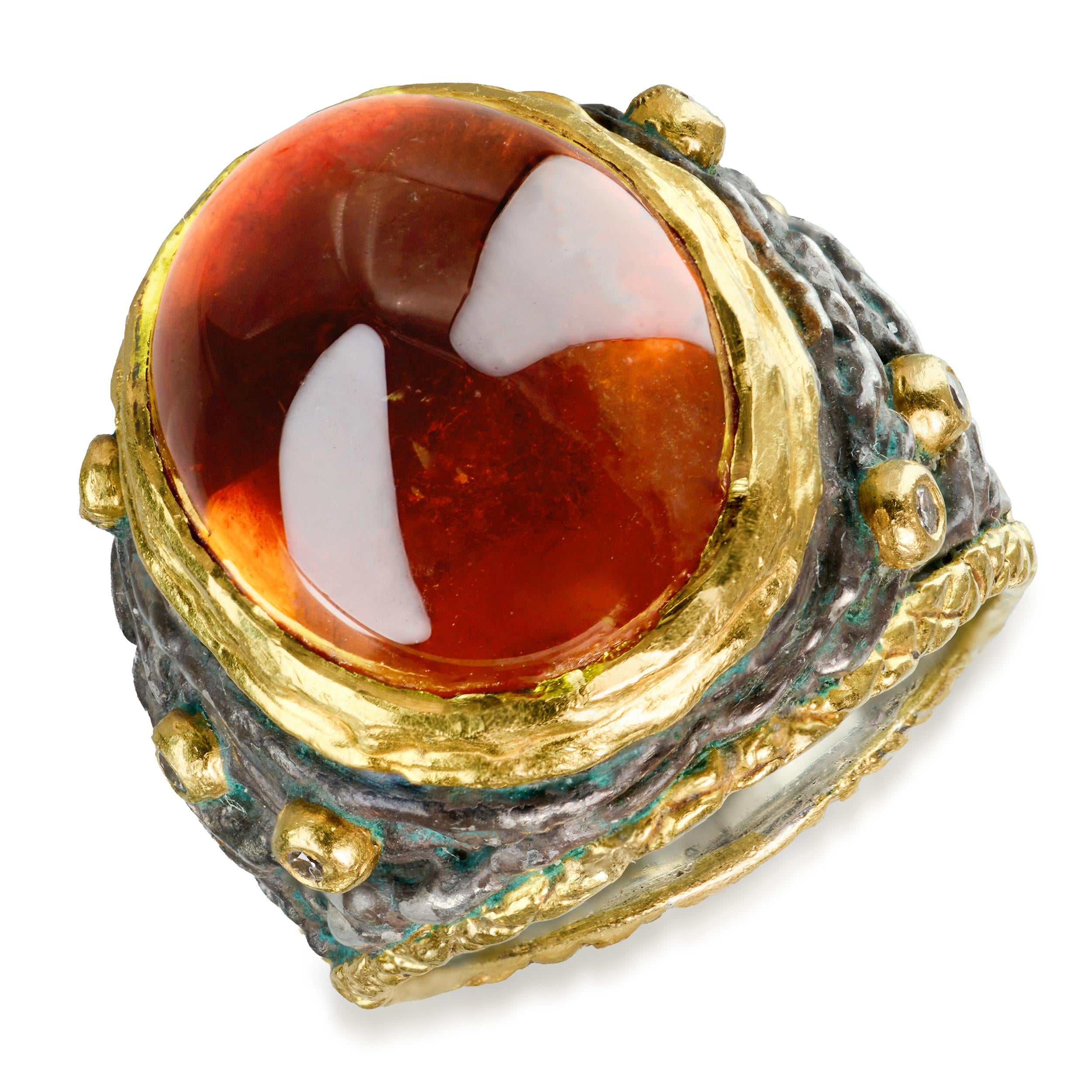 Vintage Victor Veylan Sterling Silver & 24k Yellow Gold Spessartite Garnet Ring