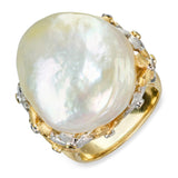 Vintage 18k Two Tone Gold Baroque South Sea Pearl & Diamond Floral Ring