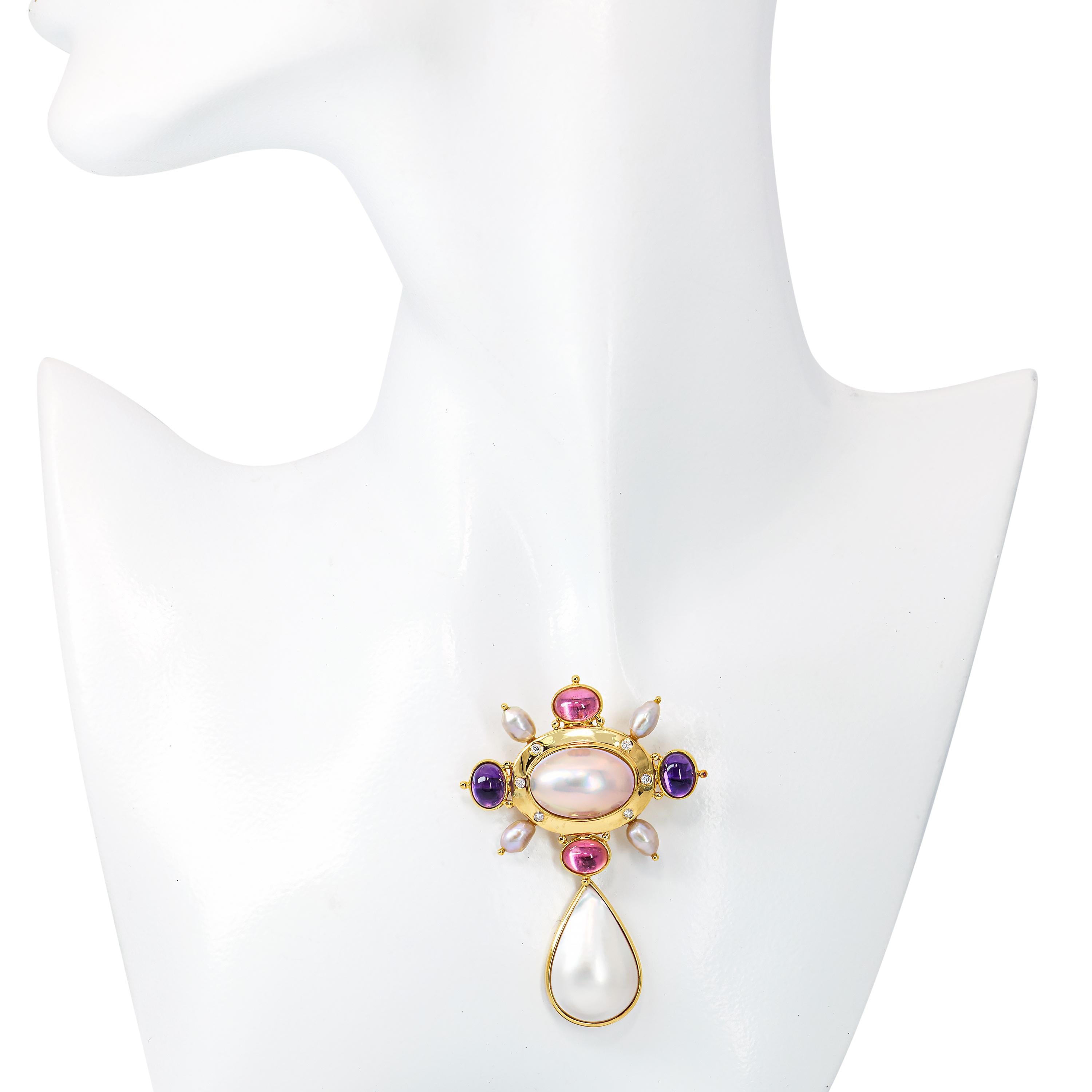 18k Yellow Gold Pearl, Amethyst, and Pink Tourmaline Brooch Pendant