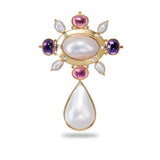 18k Yellow Gold Pearl, Amethyst, and Pink Tourmaline Brooch Pendant