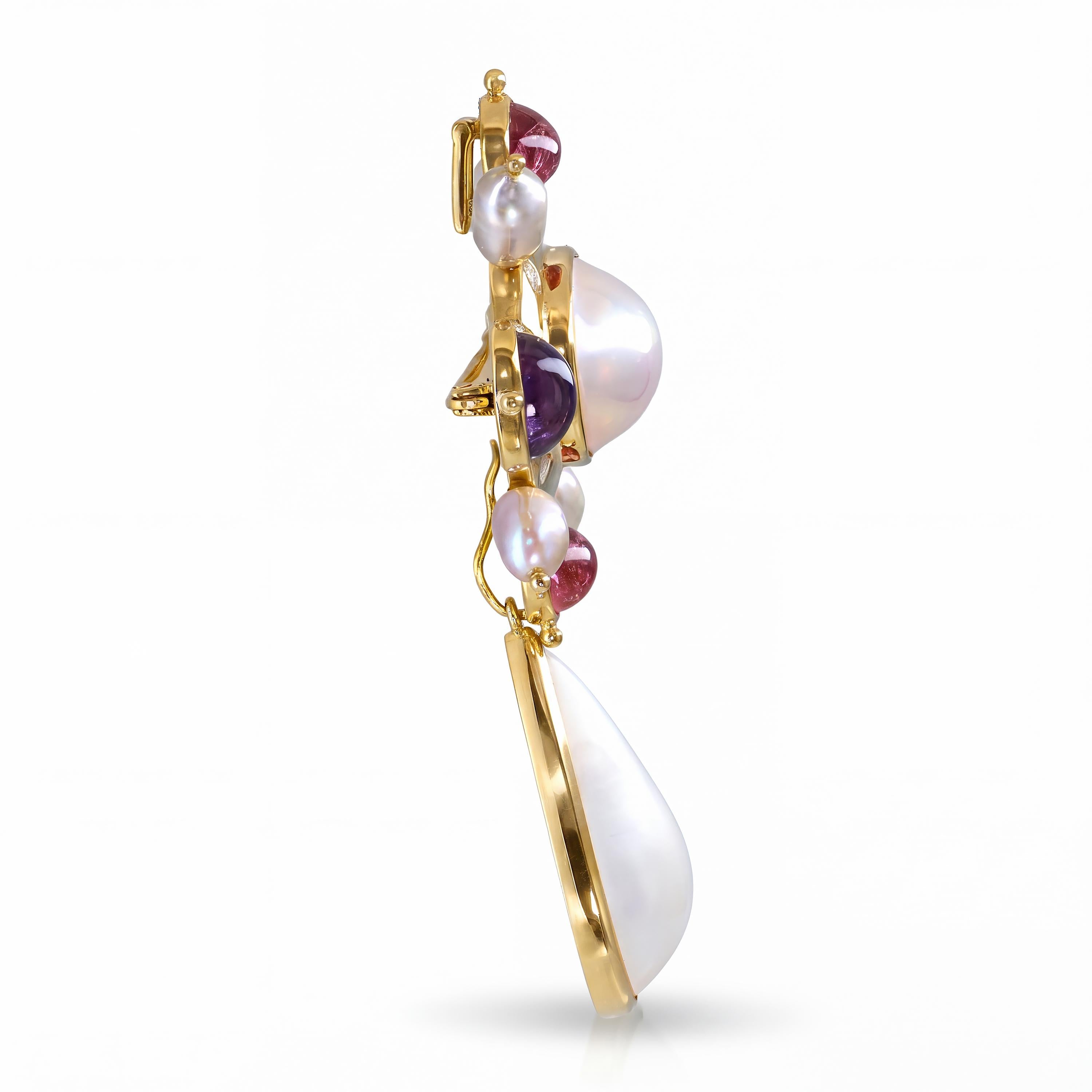 18k Yellow Gold Pearl, Amethyst, and Pink Tourmaline Brooch Pendant