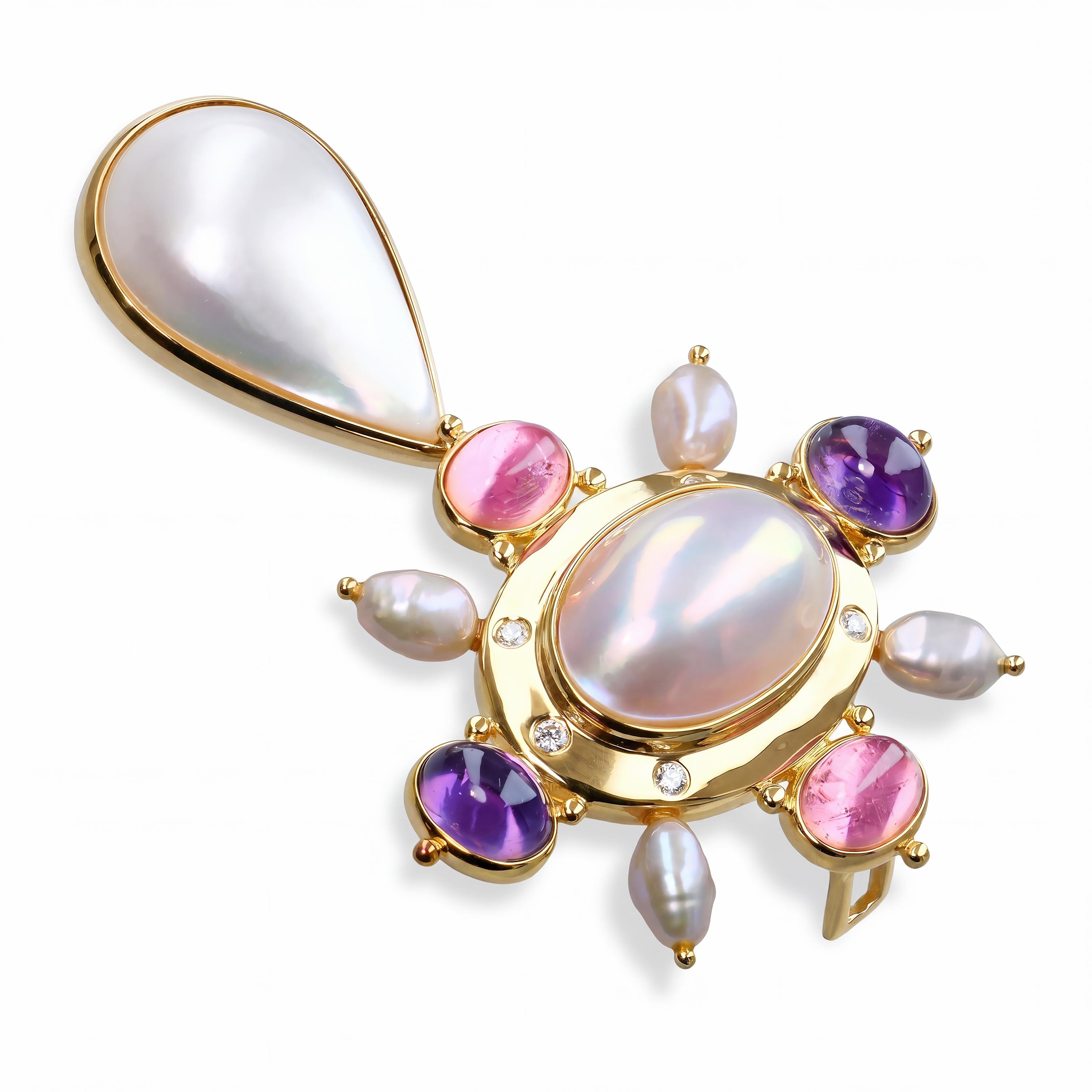 18k Yellow Gold Pearl, Amethyst, and Pink Tourmaline Brooch Pendant