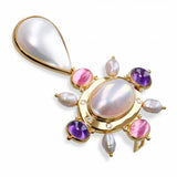 18k Yellow Gold Pearl, Amethyst, and Pink Tourmaline Brooch Pendant