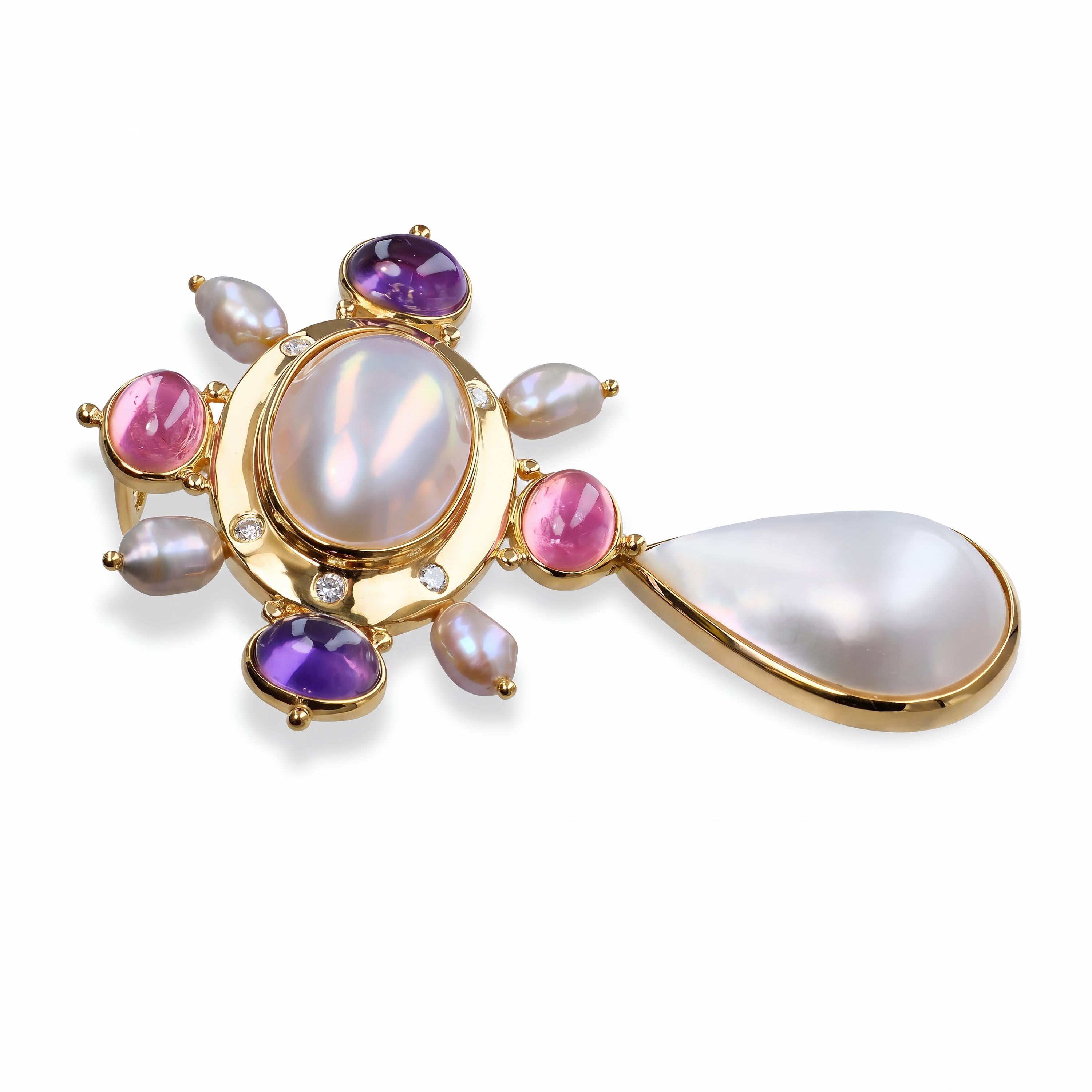 18k Yellow Gold Pearl, Amethyst, and Pink Tourmaline Brooch Pendant