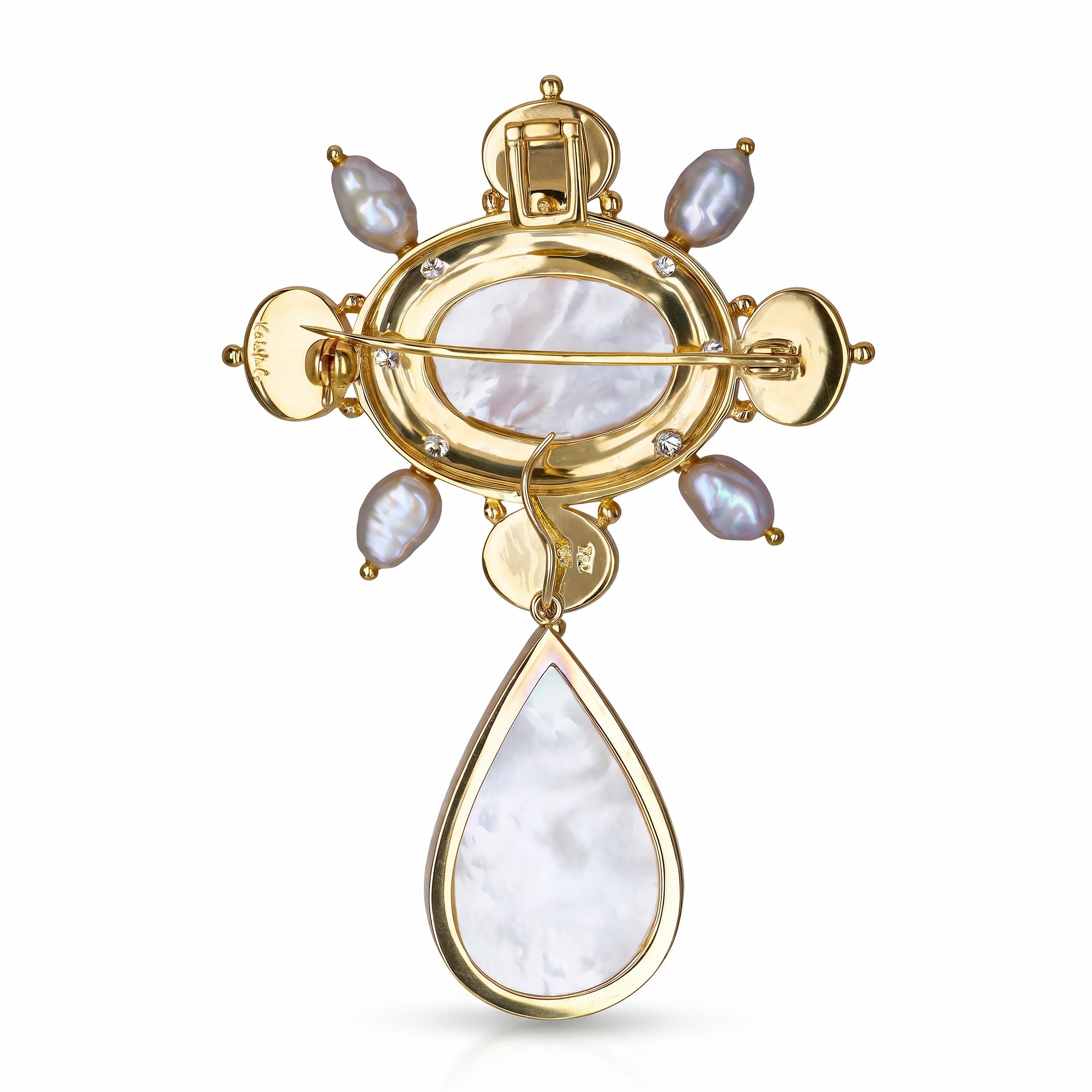 18k Yellow Gold Pearl, Amethyst, and Pink Tourmaline Brooch Pendant