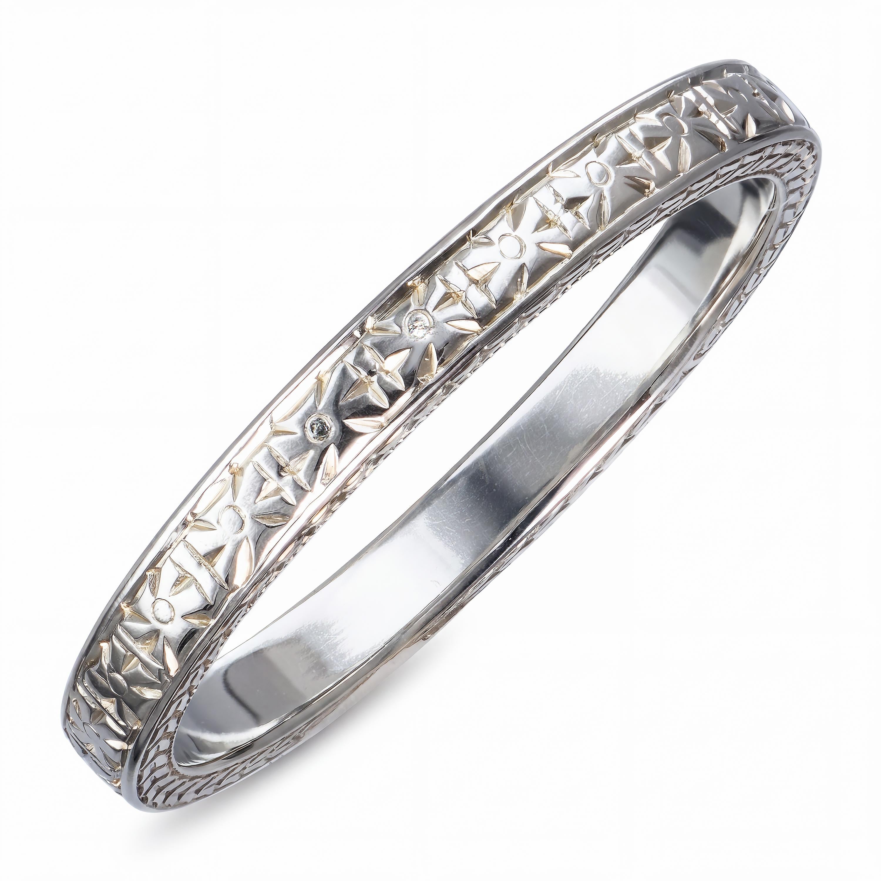 Vintage 16k White Gold Engraved Sun Pattern Ring