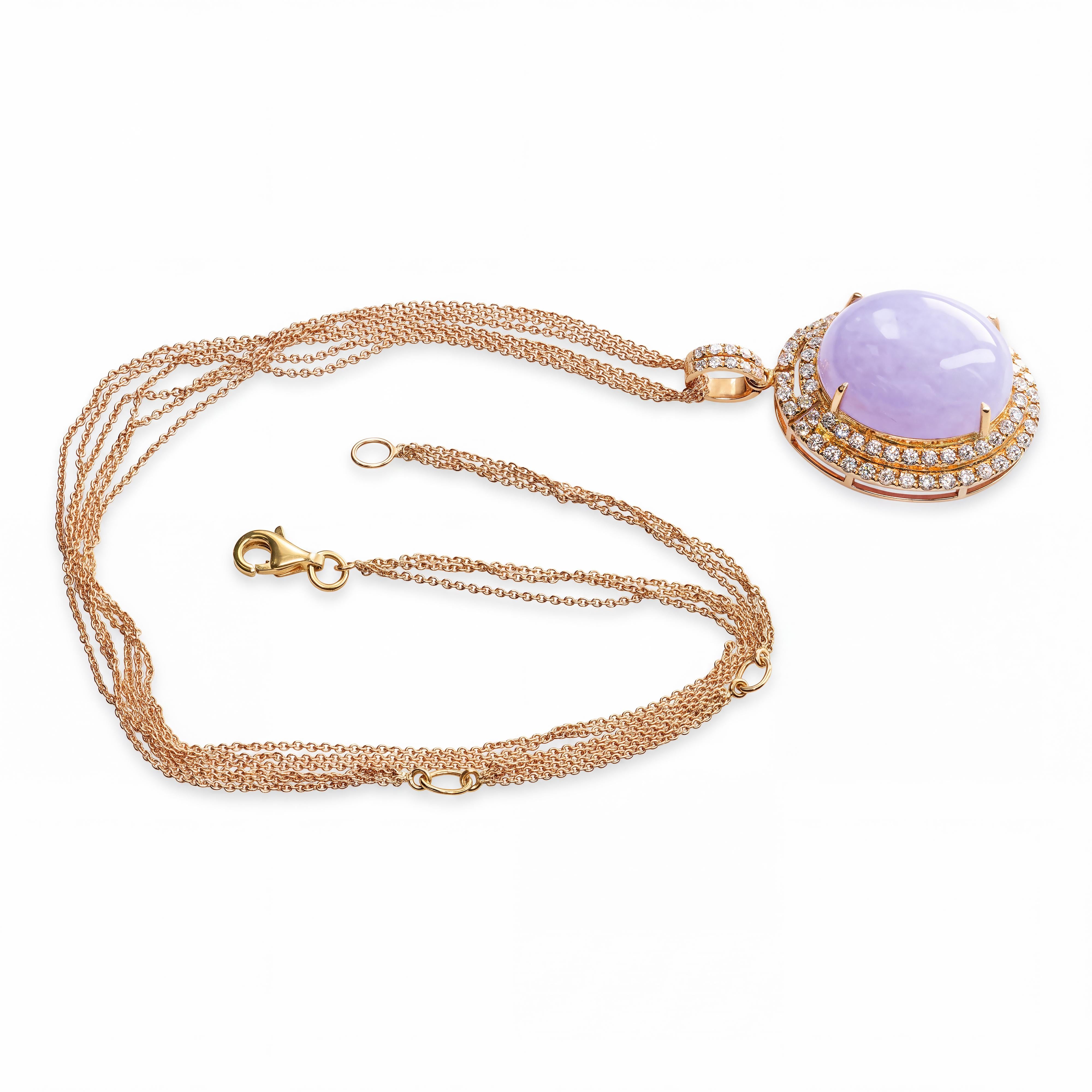 18k Rose Gold Lavender Jade Cabochon Diamond Halo Multi Strand Necklace