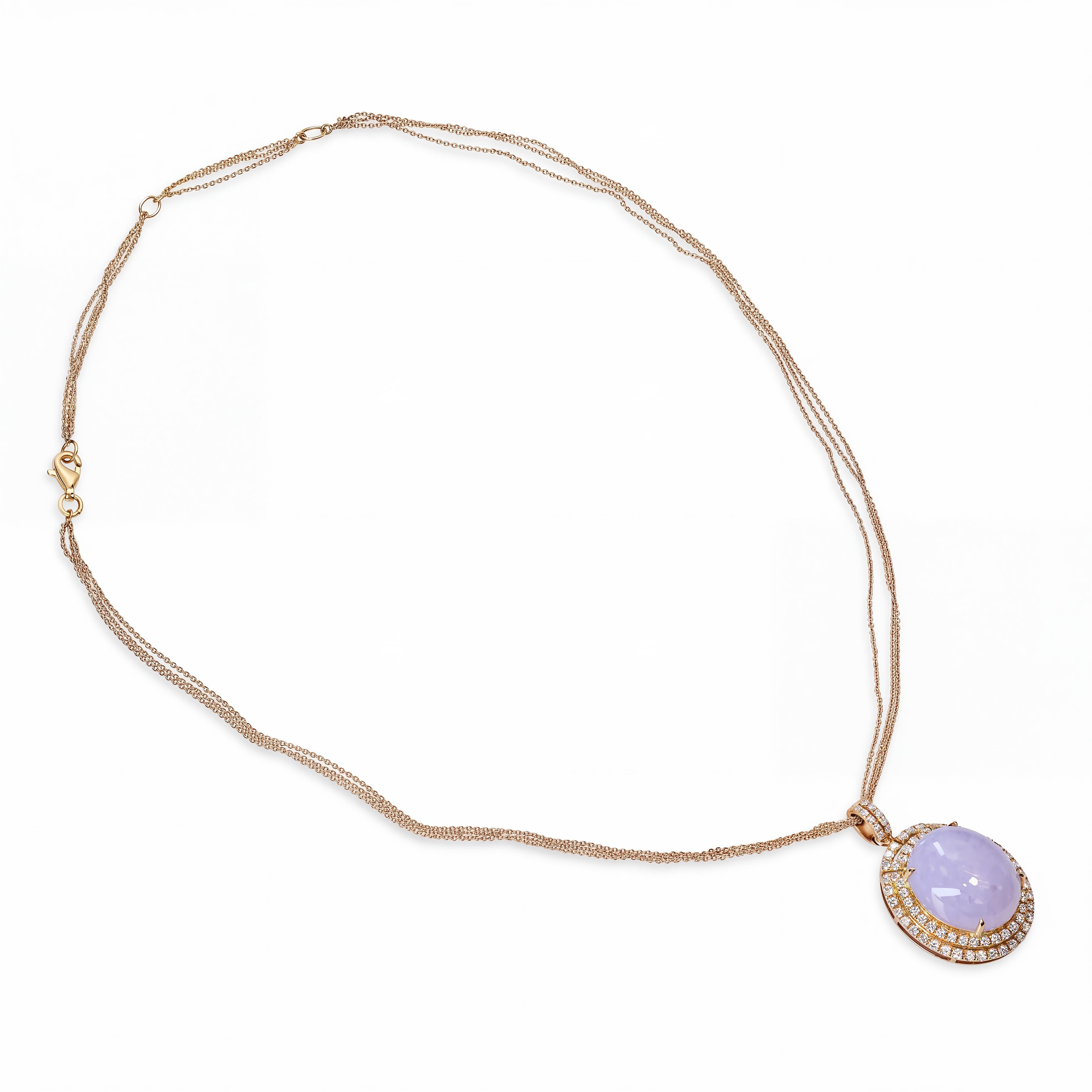 18k Rose Gold Lavender Jade Cabochon Diamond Halo Multi Strand Necklace
