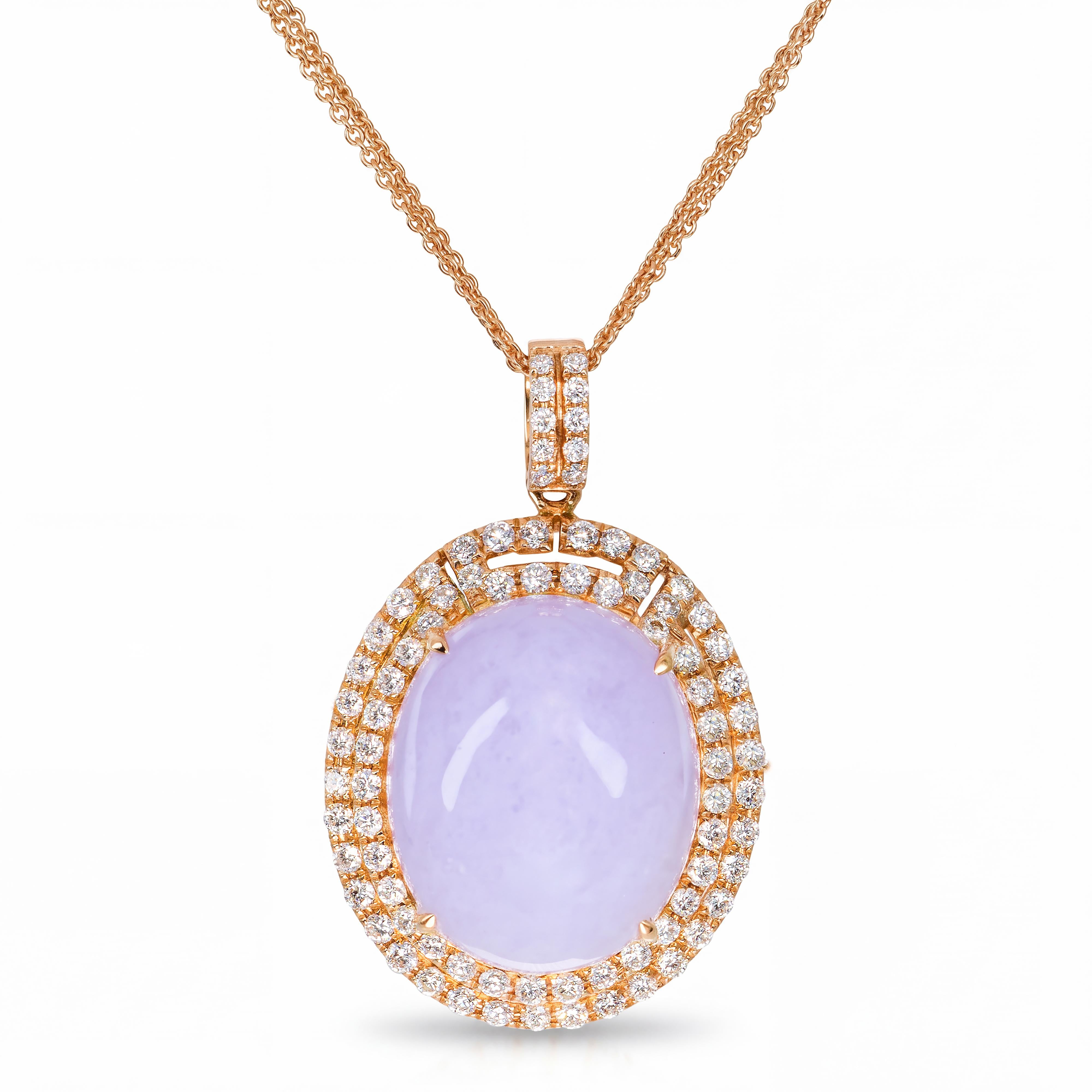 18k Rose Gold Lavender Jade Cabochon Diamond Halo Multi Strand Necklace