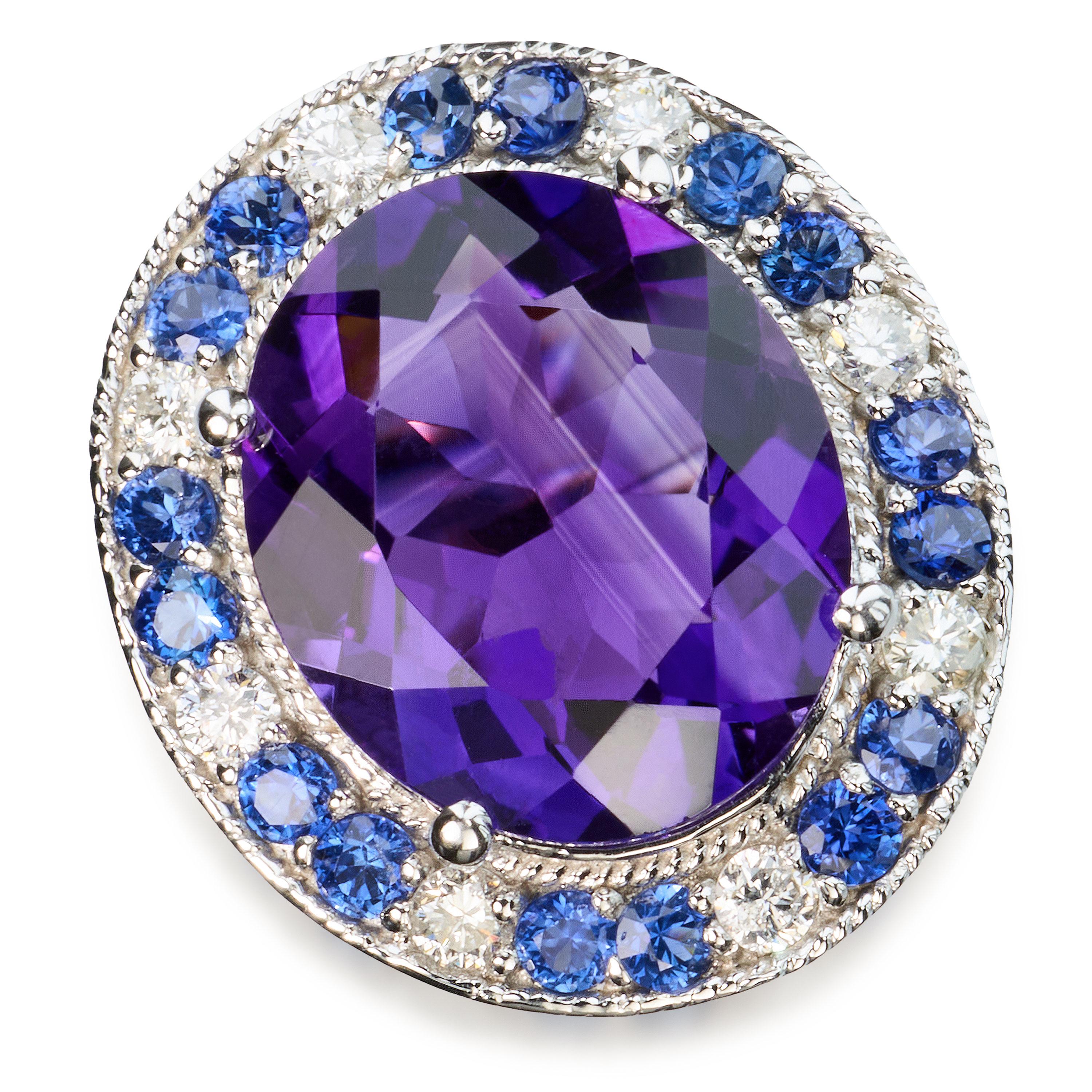 Vintage 14k White Gold Amethyst, Sapphire, & Diamond Cocktail Ring