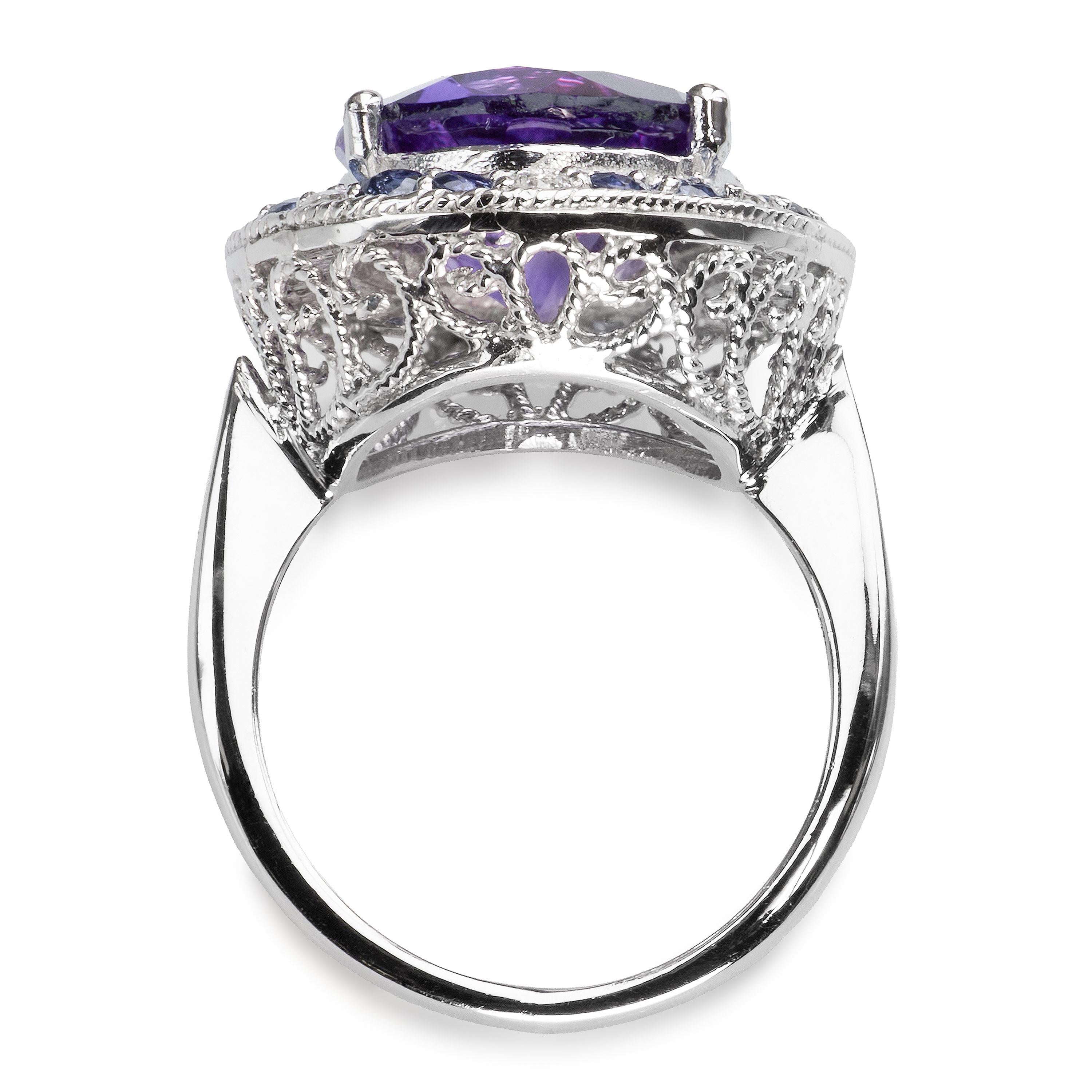 Vintage 14k White Gold Amethyst, Sapphire, & Diamond Cocktail Ring