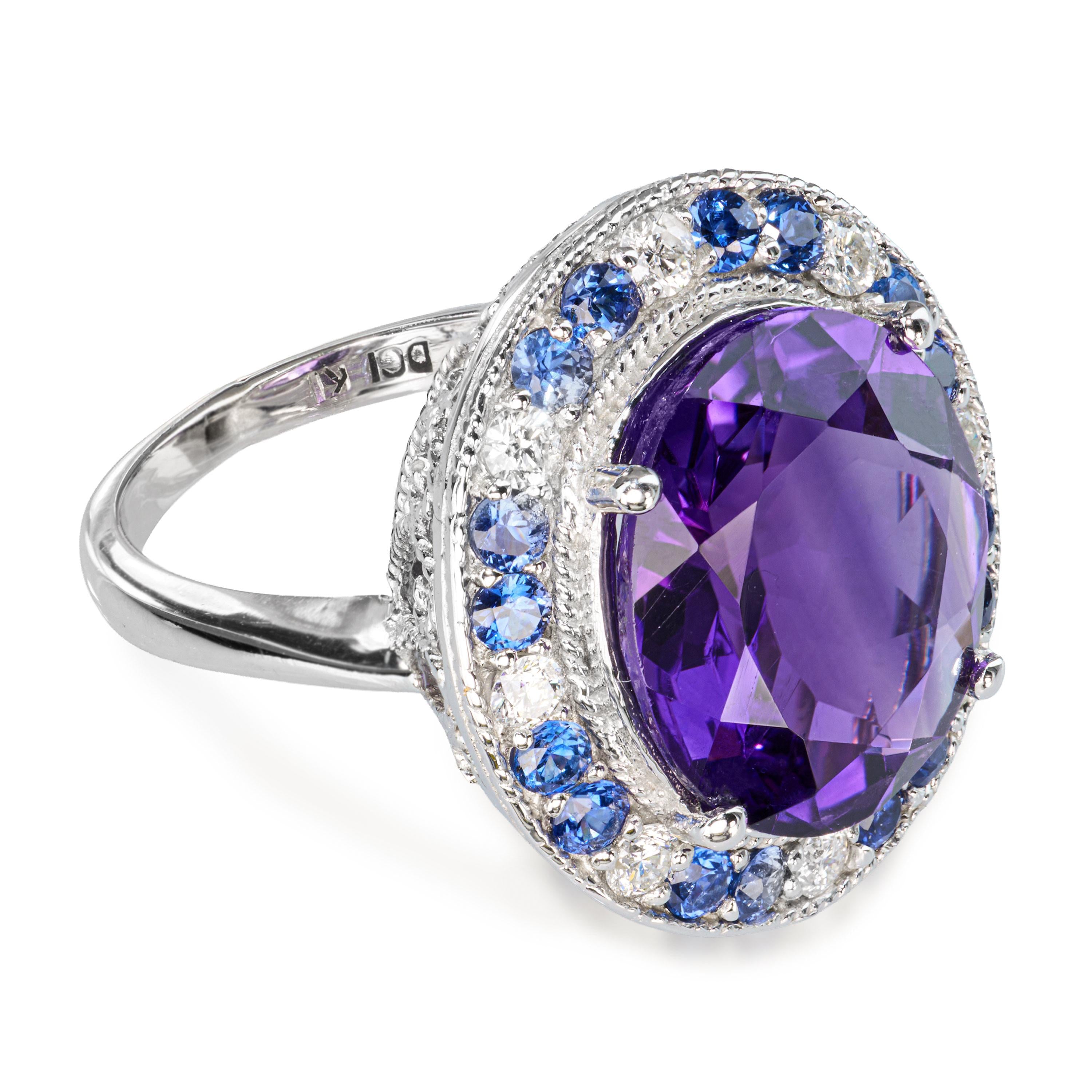 Vintage 14k White Gold Amethyst, Sapphire, & Diamond Cocktail Ring