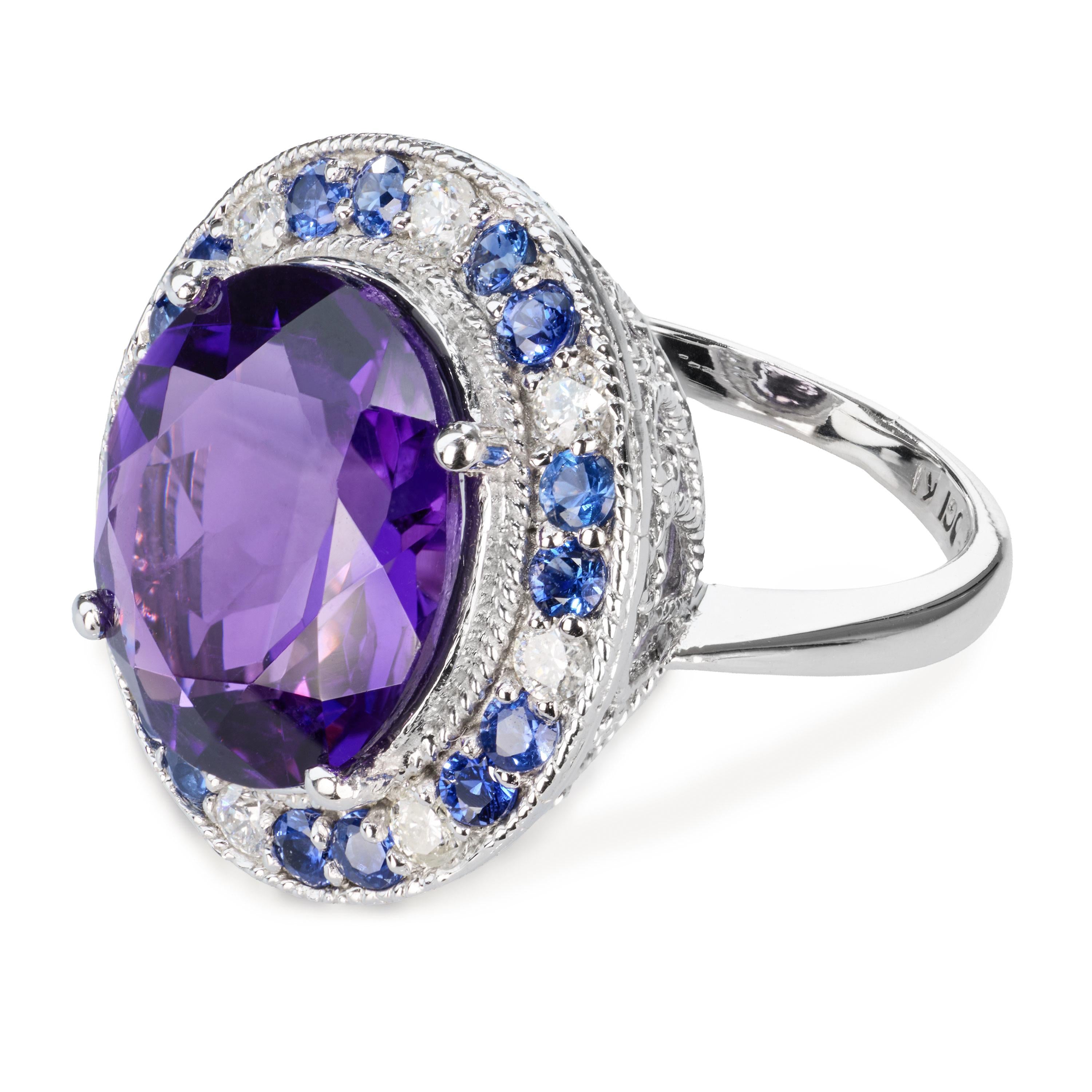 Vintage 14k White Gold Amethyst, Sapphire, & Diamond Cocktail Ring