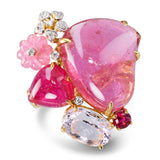18k Yellow Gold Carved Rubellite Tourmaline Morganite and Diamond Cluster Ring