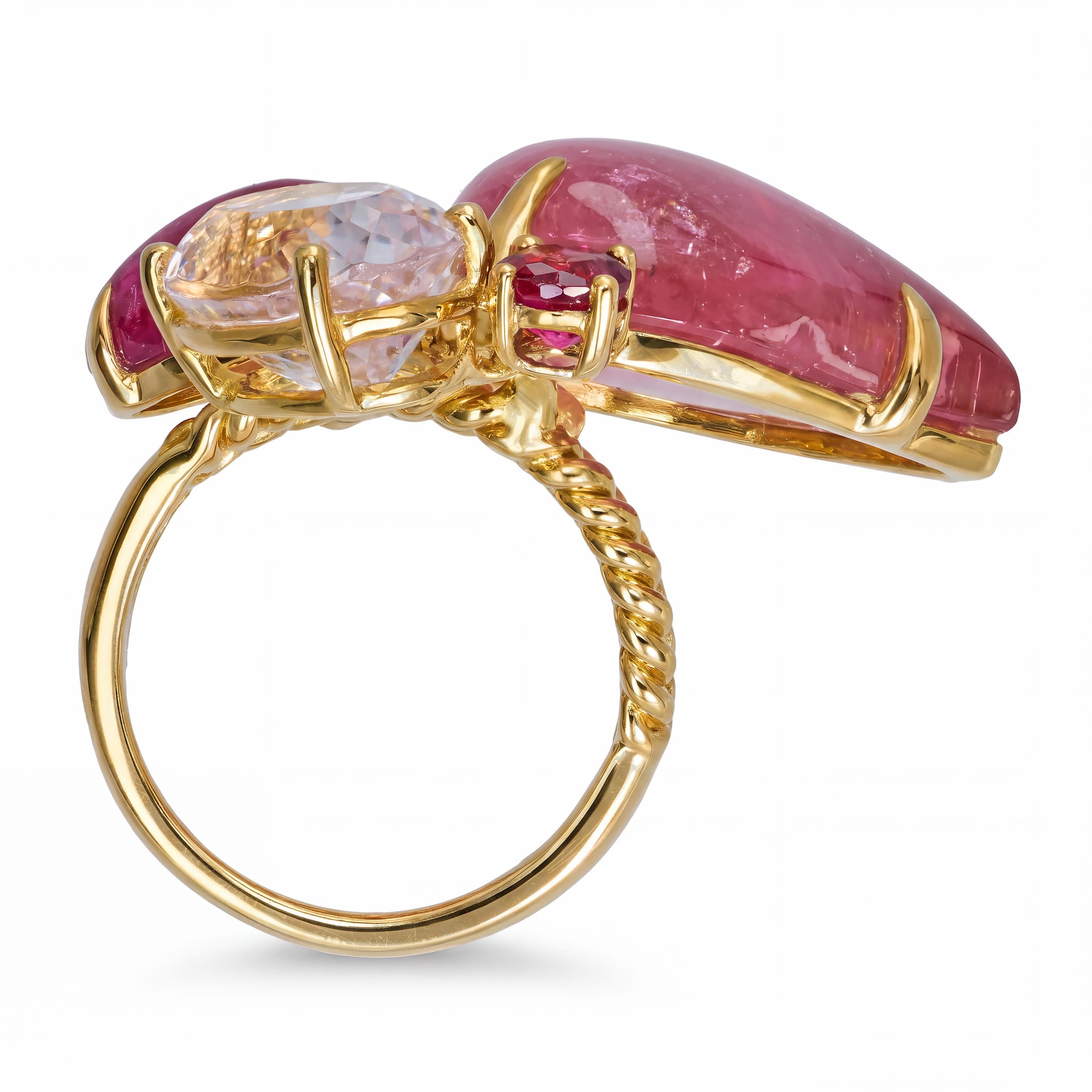 18k Yellow Gold Carved Rubellite Tourmaline Morganite and Diamond Cluster Ring