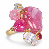 18k Yellow Gold Carved Rubellite Tourmaline Morganite and Diamond Cluster Ring