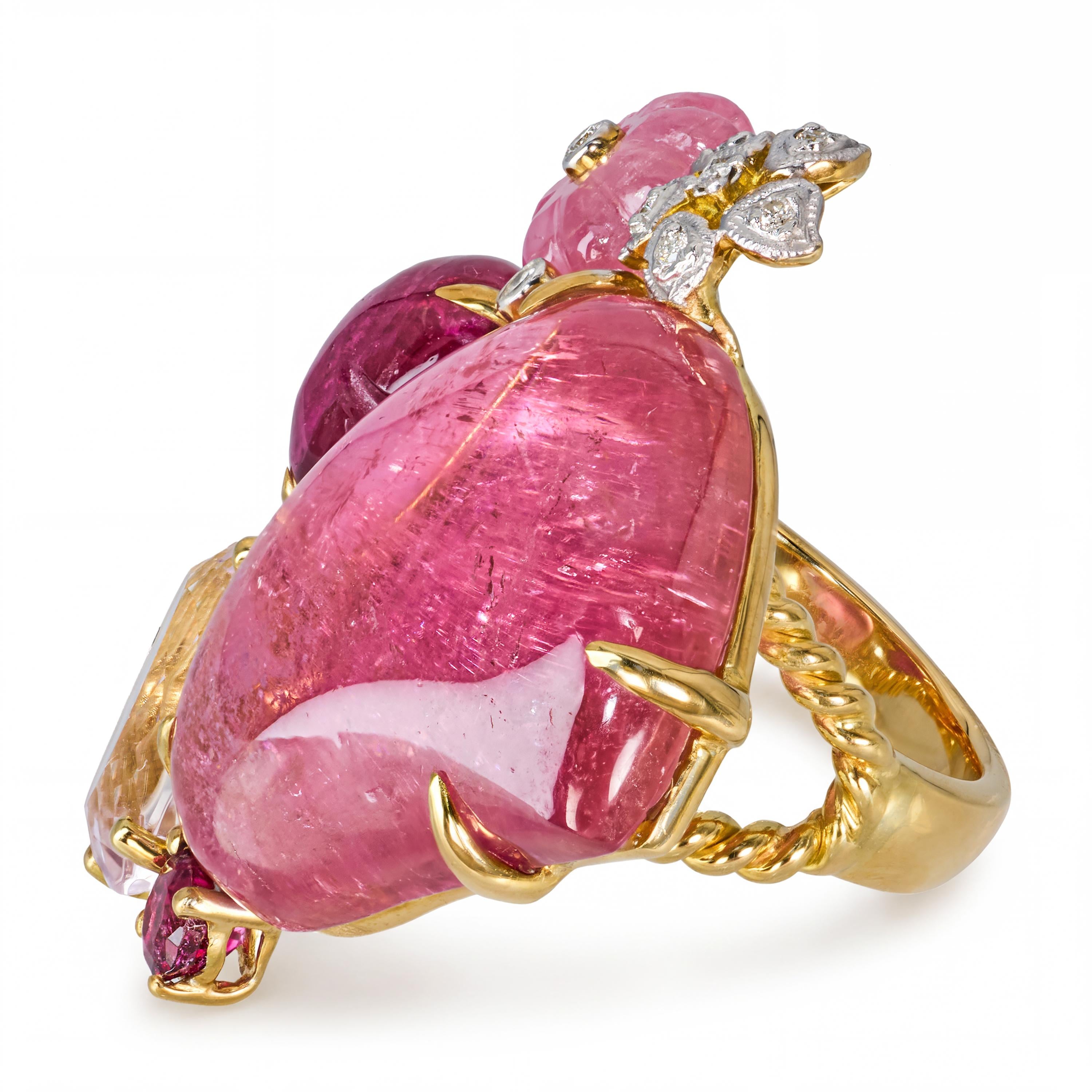 18k Yellow Gold Carved Rubellite Tourmaline Morganite and Diamond Cluster Ring
