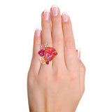 18k Yellow Gold Carved Rubellite Tourmaline Morganite and Diamond Cluster Ring