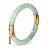 Vintage 14k Yellow Gold GIA Type A Mottled Green Jadeite Jade Hinged Bangle