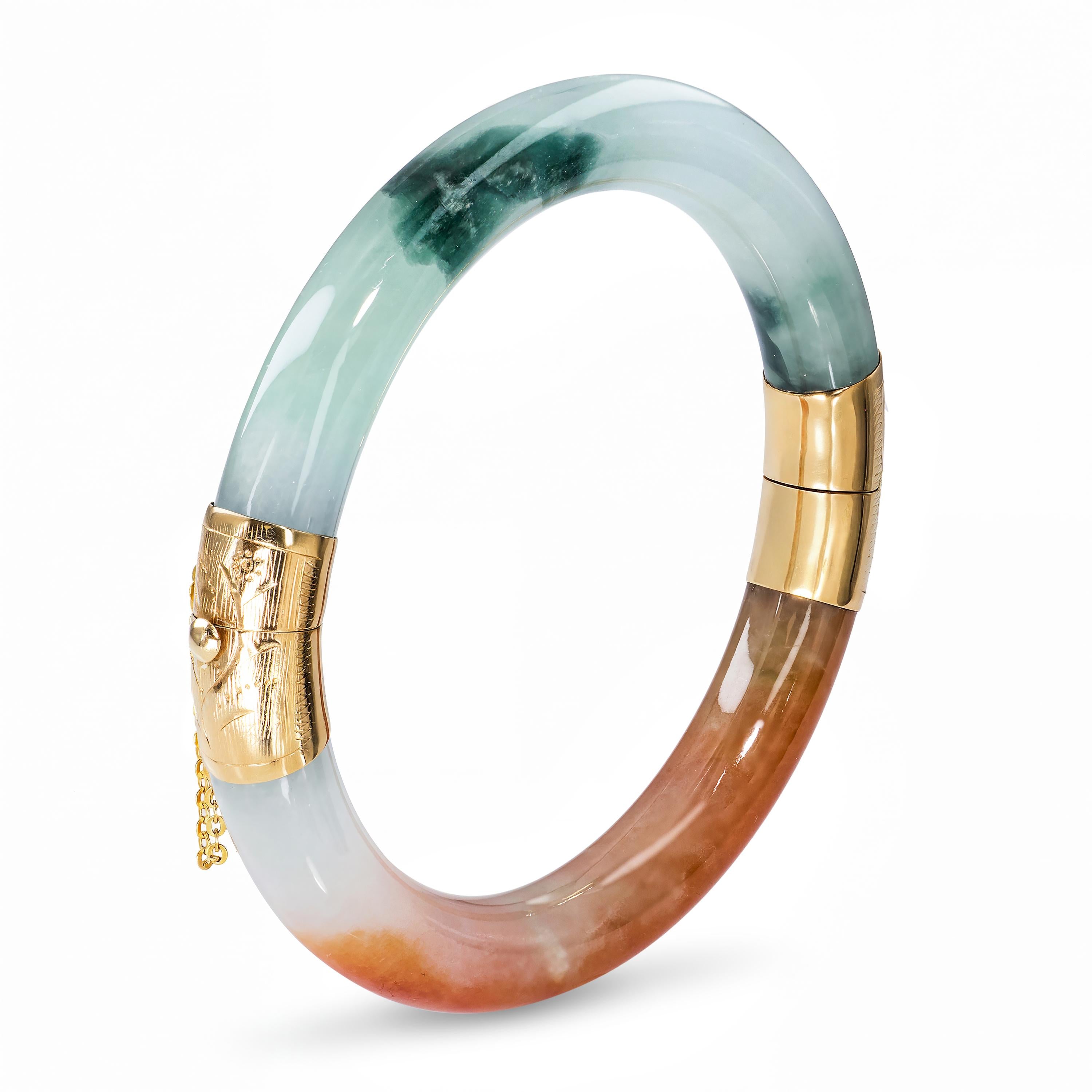 14k Yellow Gold GIA Graded Variegated Orange & Green Jadeite Jade Hinged Bangle