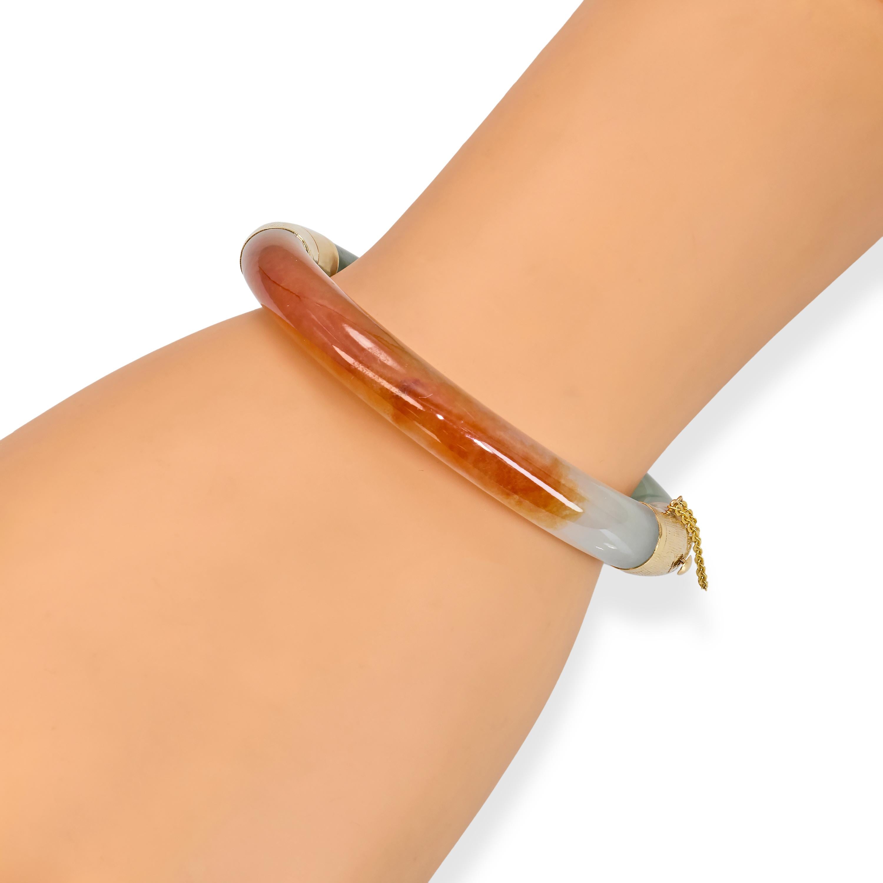 14k Yellow Gold GIA Graded Variegated Orange & Green Jadeite Jade Hinged Bangle