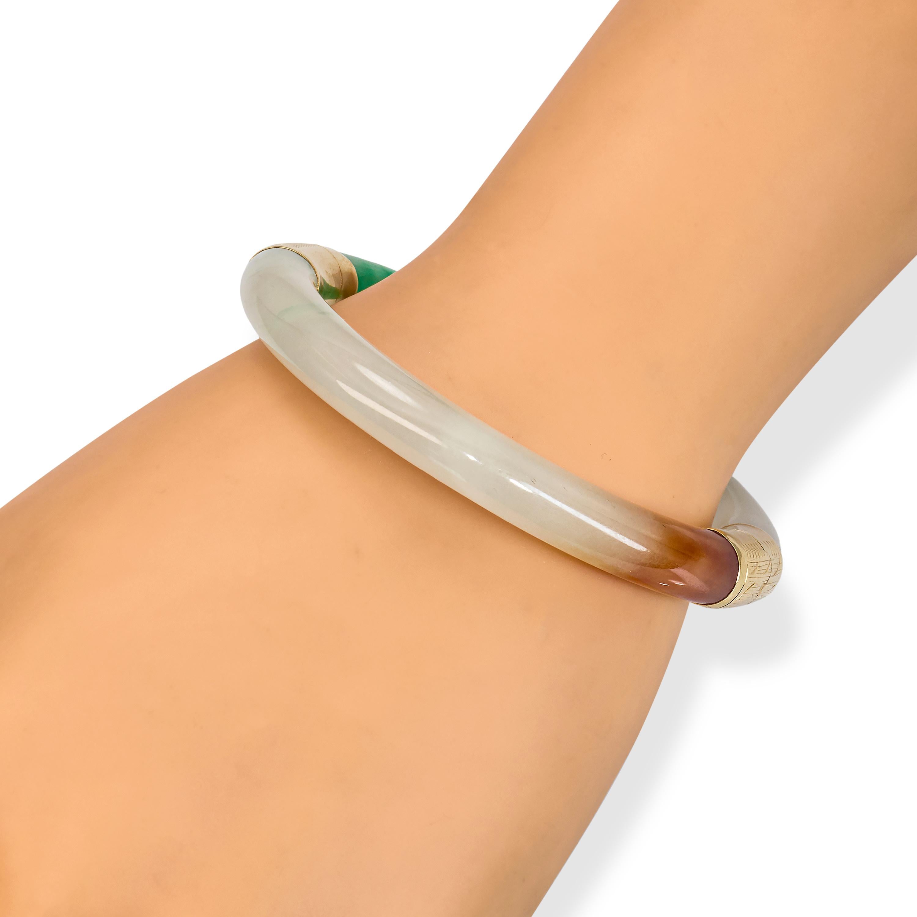 14k Yellow Gold GIA Variegated White & Green Jadeite Jade Hinged Bangle