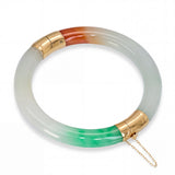 14k Yellow Gold GIA Variegated White & Green Jadeite Jade Hinged Bangle