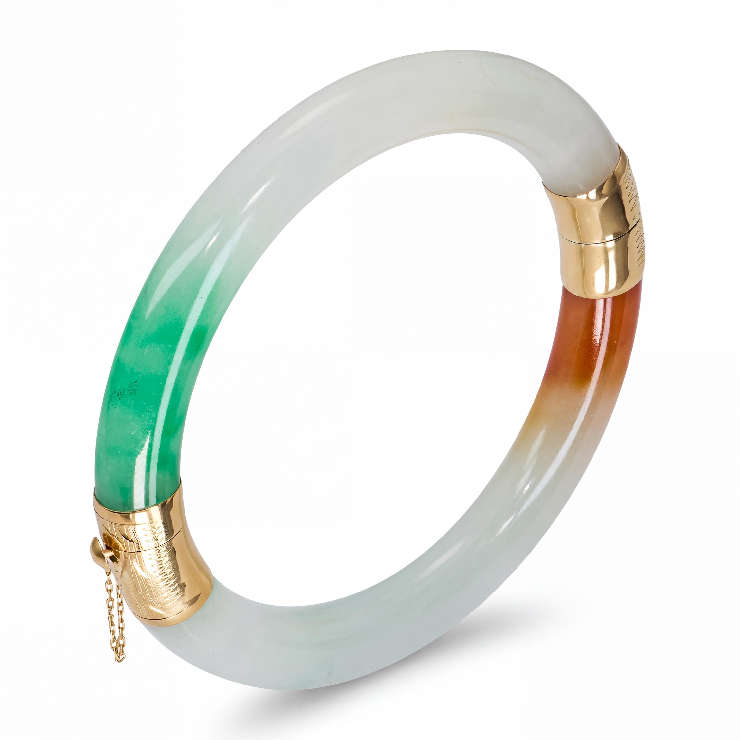 14k Yellow Gold GIA Variegated White & Green Jadeite Jade Hinged Bangle