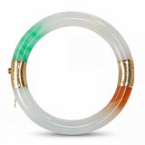 14k Yellow Gold GIA Variegated White & Green Jadeite Jade Hinged Bangle