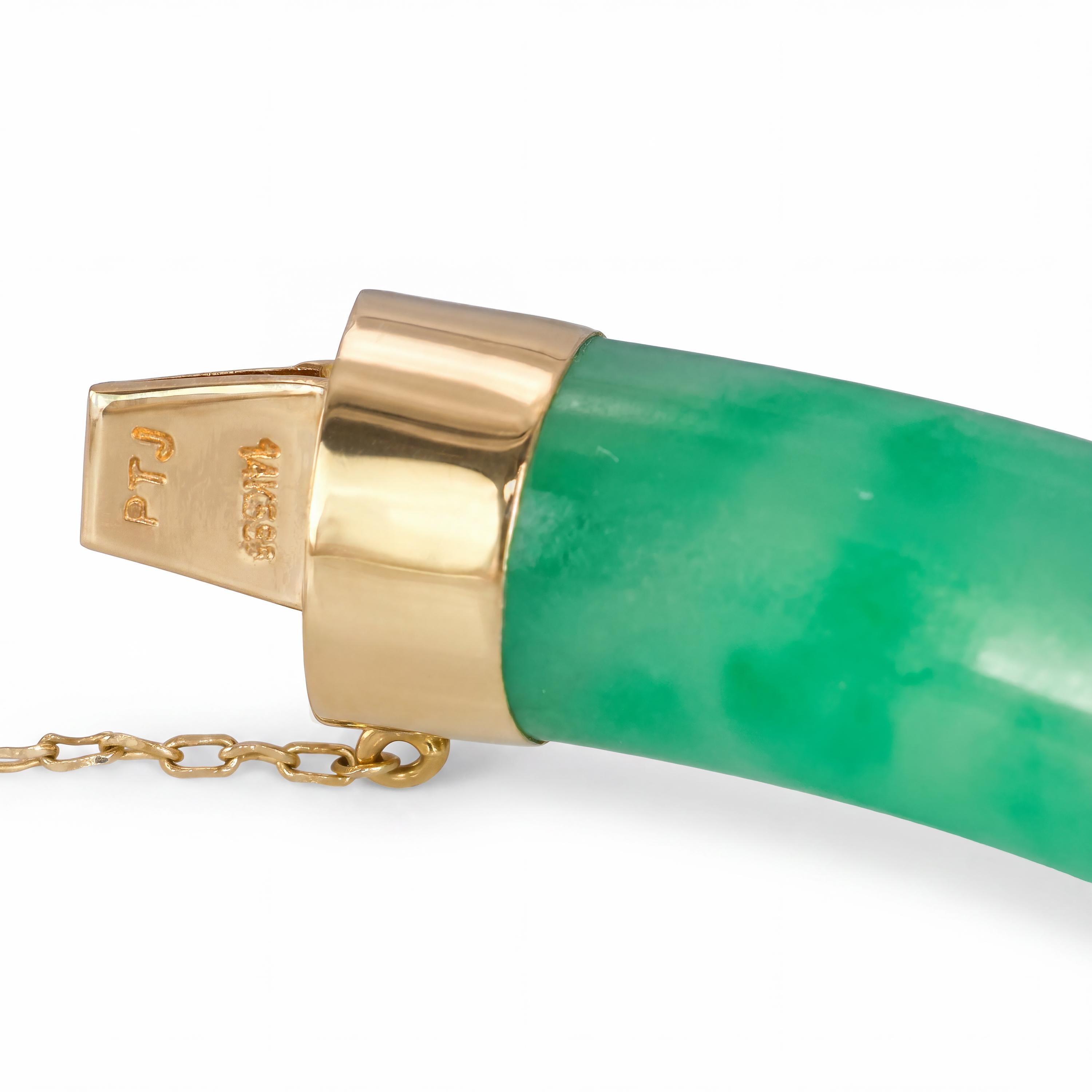 14k Yellow Gold GIA Variegated White & Green Jadeite Jade Hinged Bangle