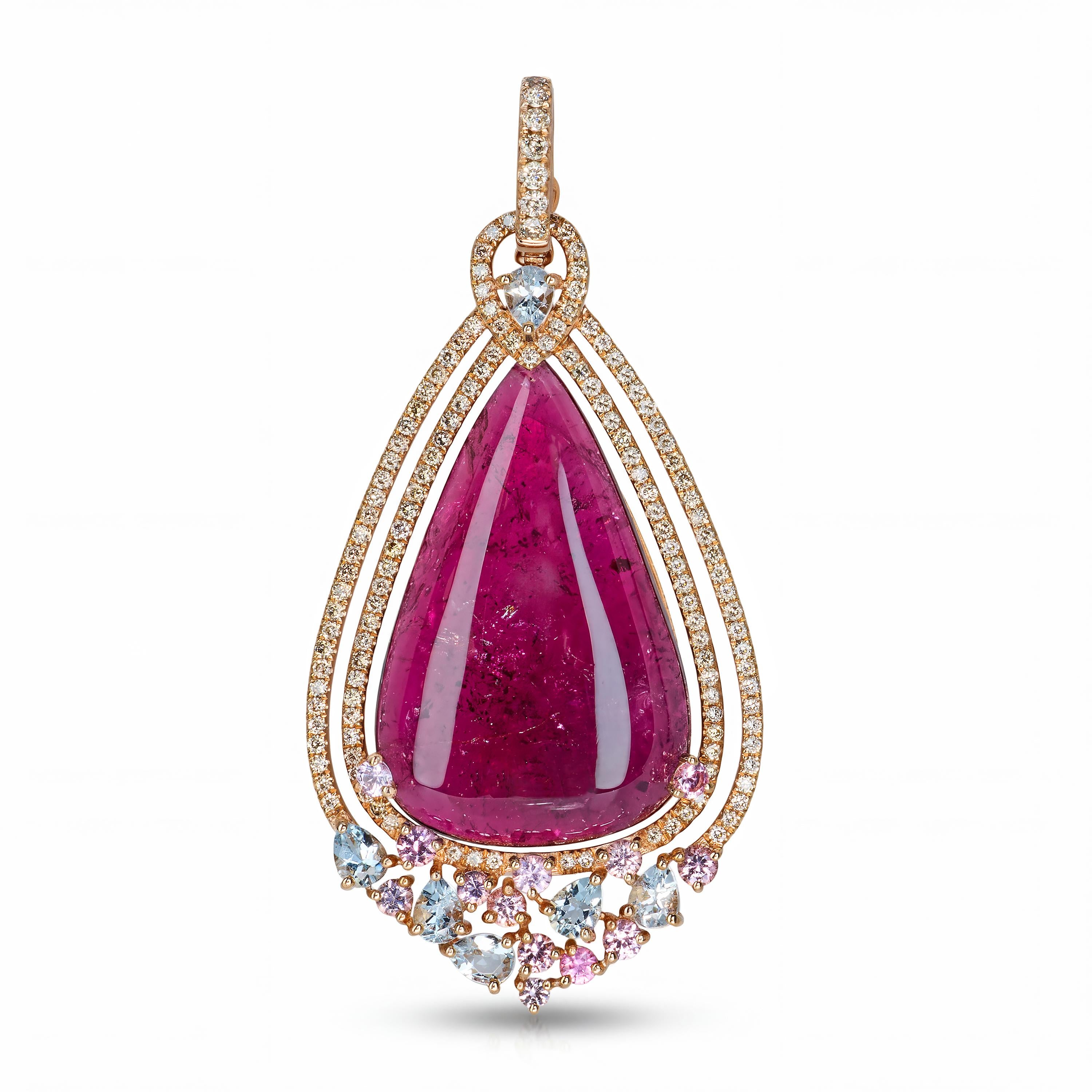 14k Rose Gold 21.21tcw Rubellite Tourmaline and Diamond Drop Pendant