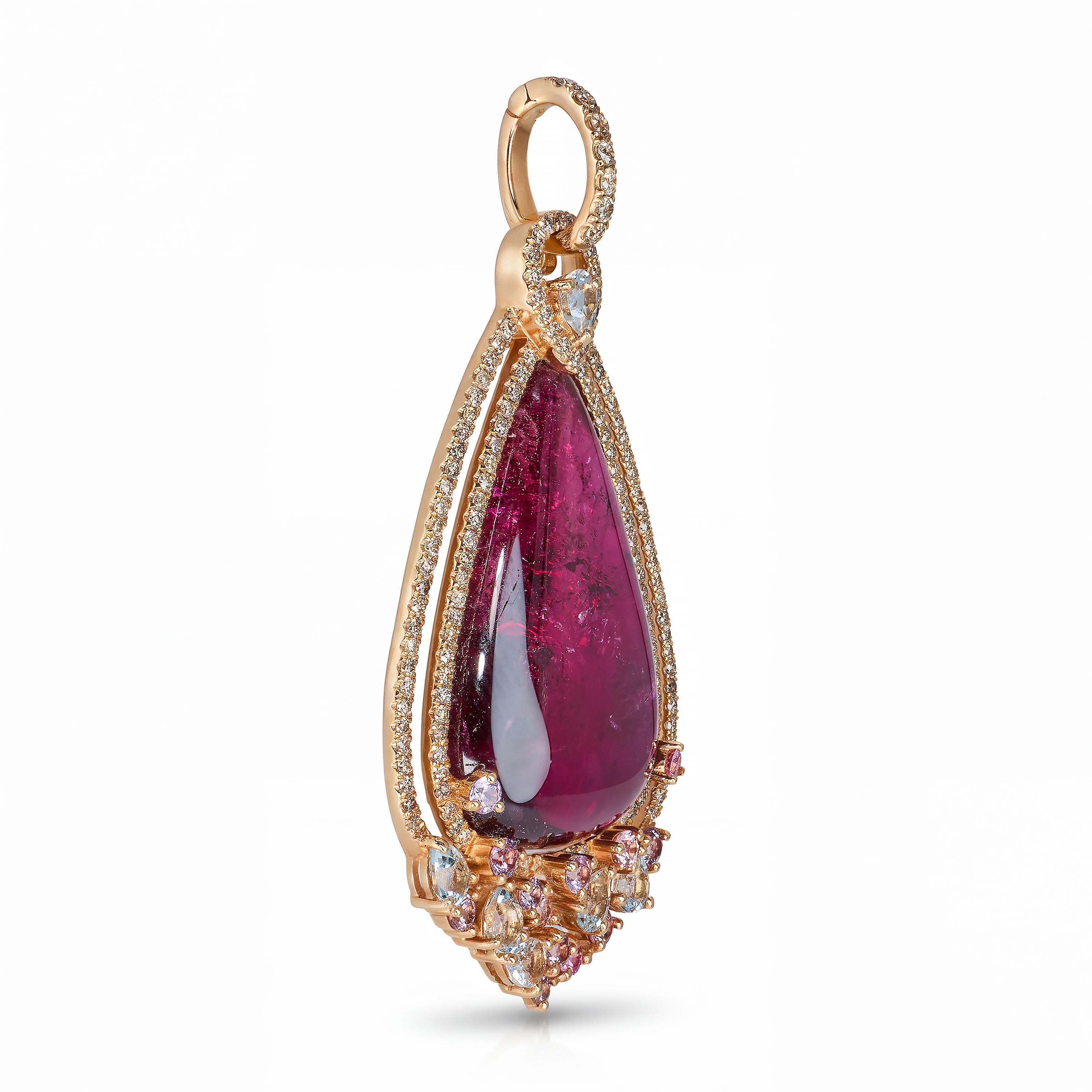 14k Rose Gold 21.21tcw Rubellite Tourmaline and Diamond Drop Pendant