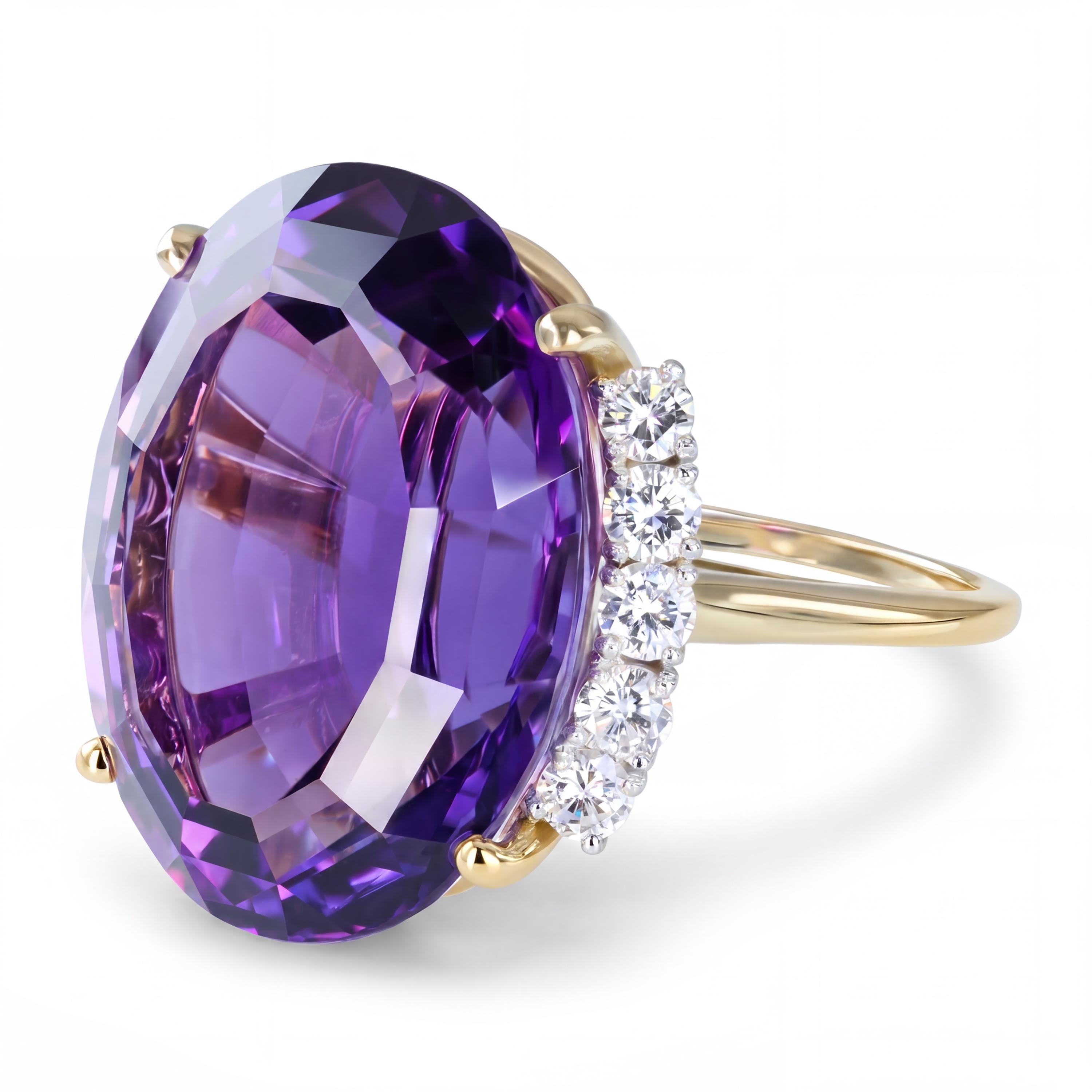 Vintage 18k Yellow Gold 31.25ct Amethyst & Diamond Cocktail Ring
