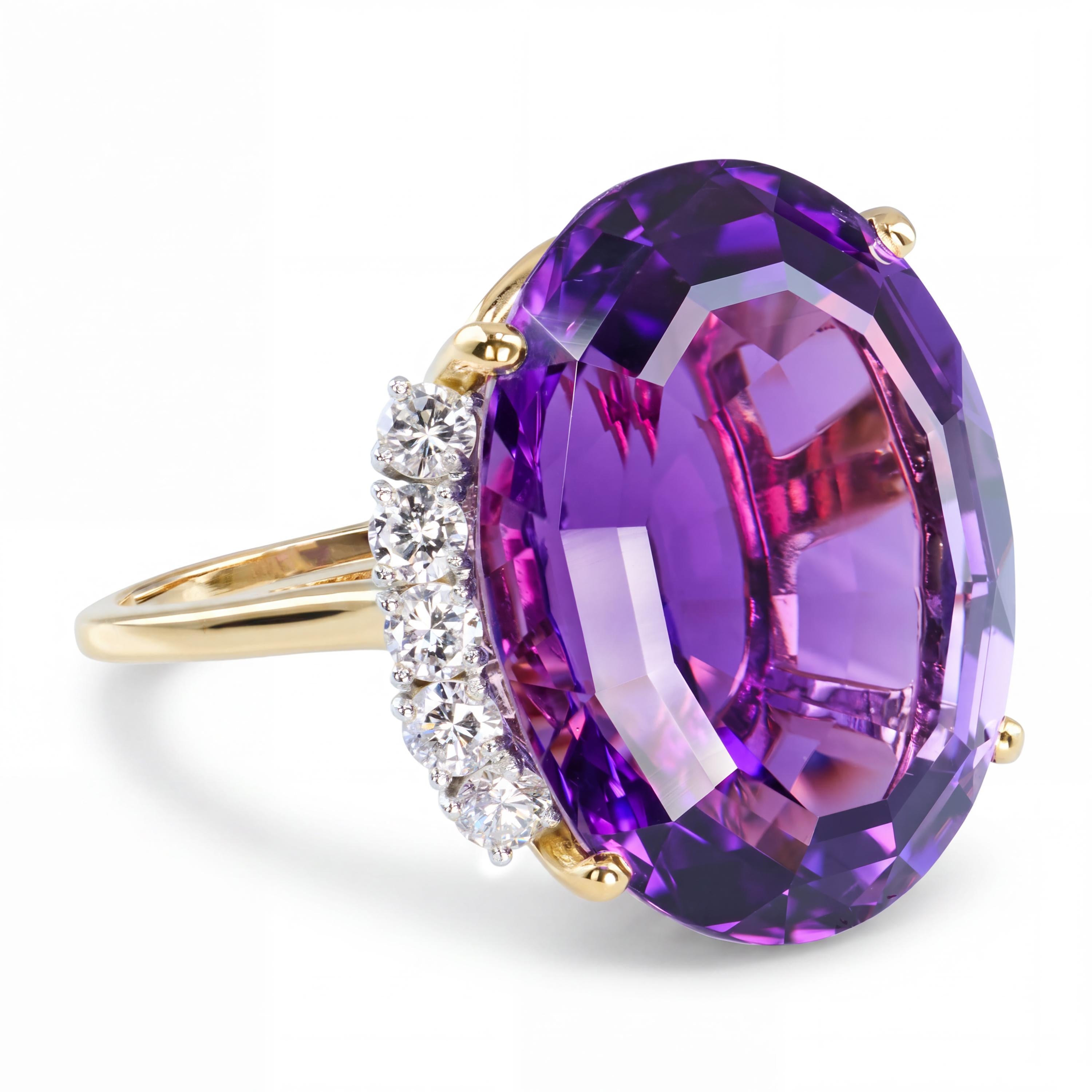 Vintage 18k Yellow Gold 31.25ct Amethyst & Diamond Cocktail Ring