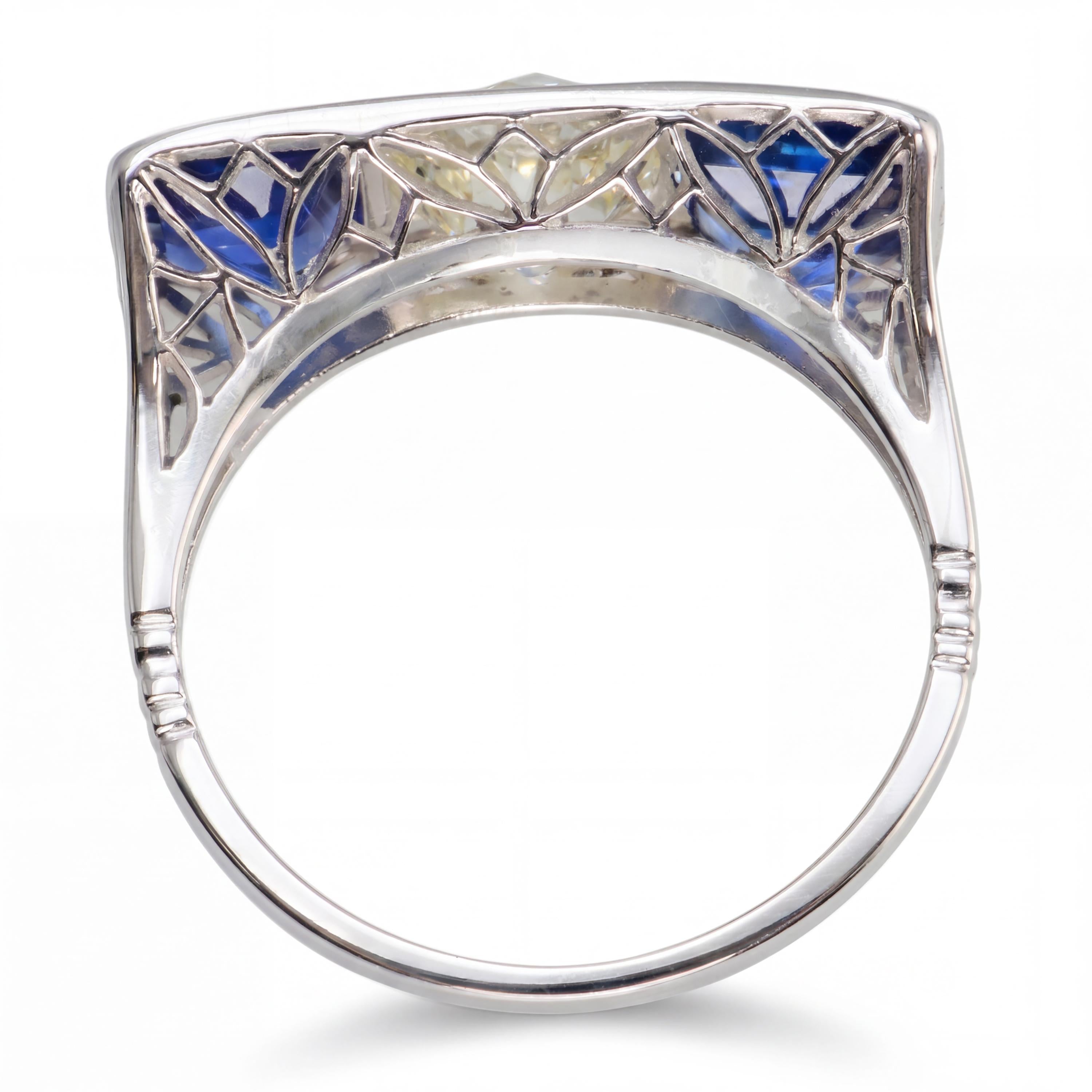 Art Deco Platinum 0.50ct L Vs1 Old Euro Diamond and Sapphire Ring