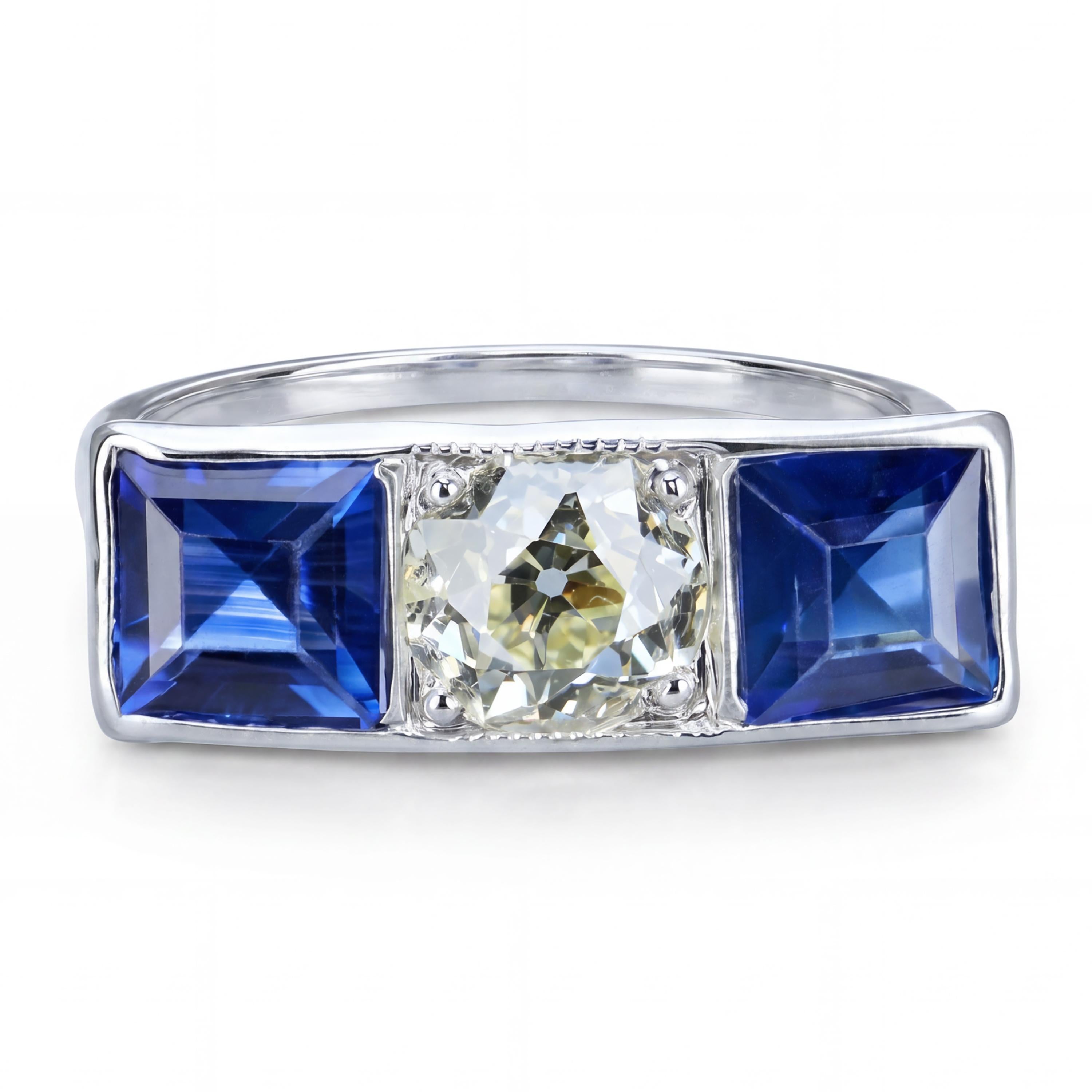 Art Deco Platinum 0.50ct L Vs1 Old Euro Diamond and Sapphire Ring
