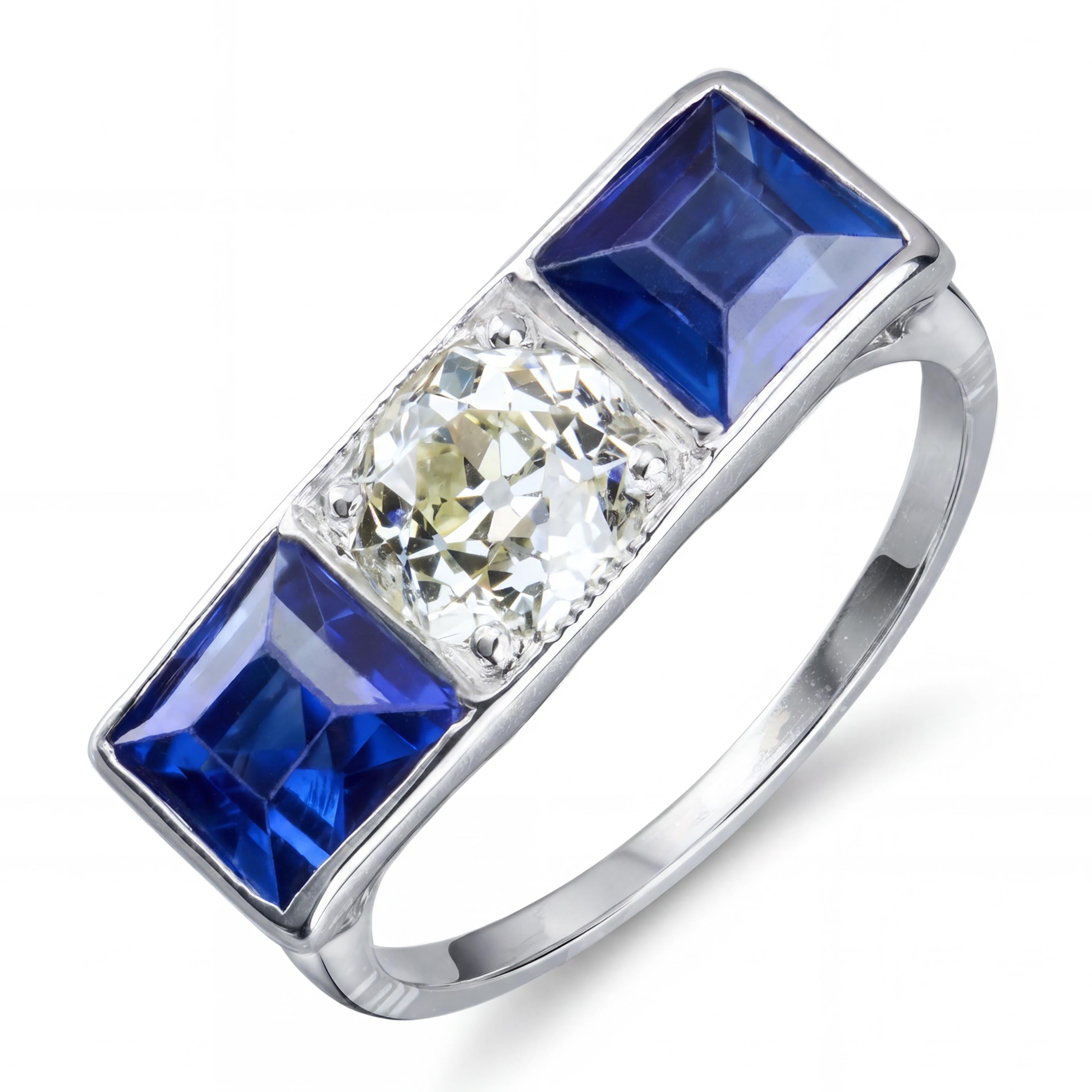 Art Deco Platinum 0.50ct L Vs1 Old Euro Diamond and Sapphire Ring