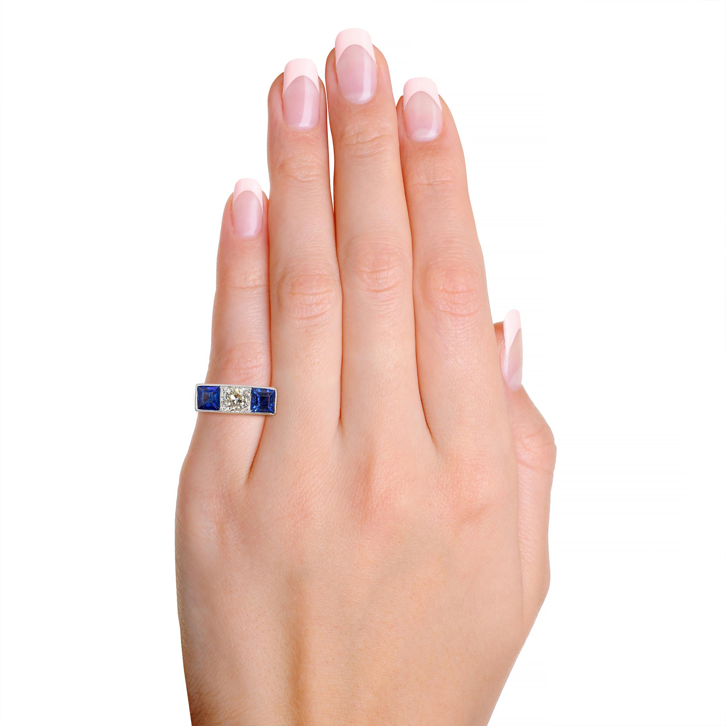 Art Deco Platinum 0.50ct L Vs1 Old Euro Diamond and Sapphire Ring