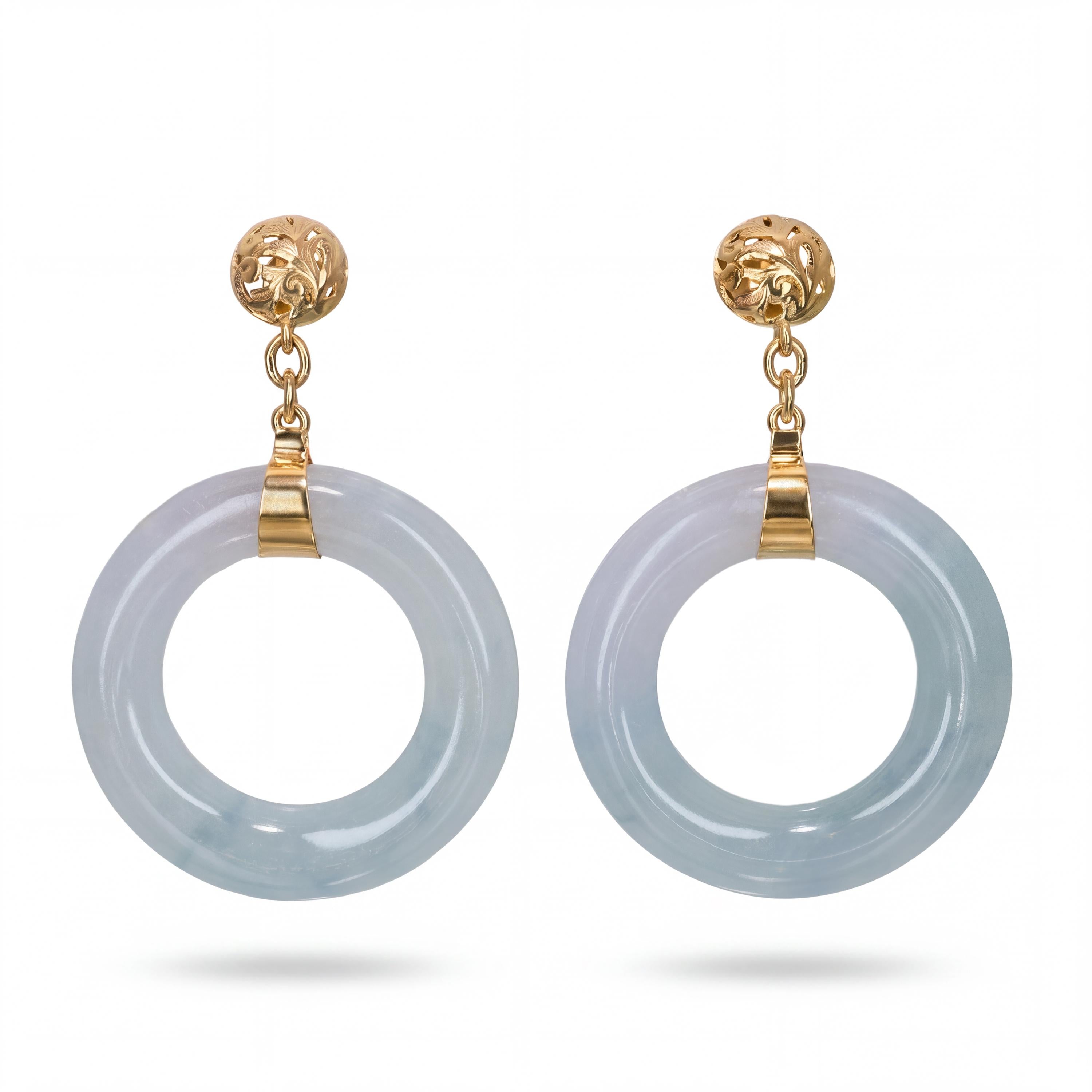 Vintage 14k Yellow Gold Ice Blue Jade Hoop Earrings