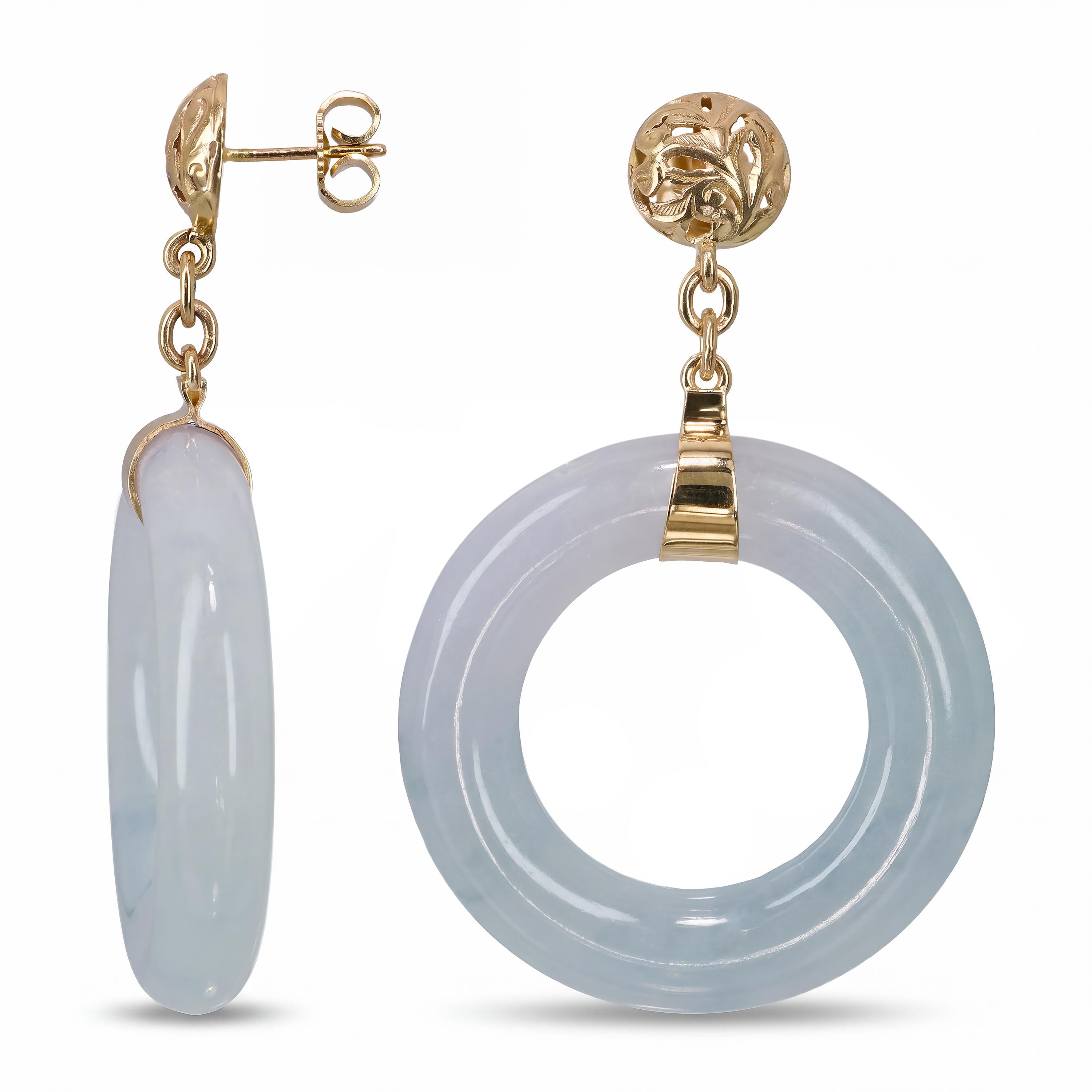 Vintage 14k Yellow Gold Ice Blue Jade Hoop Earrings
