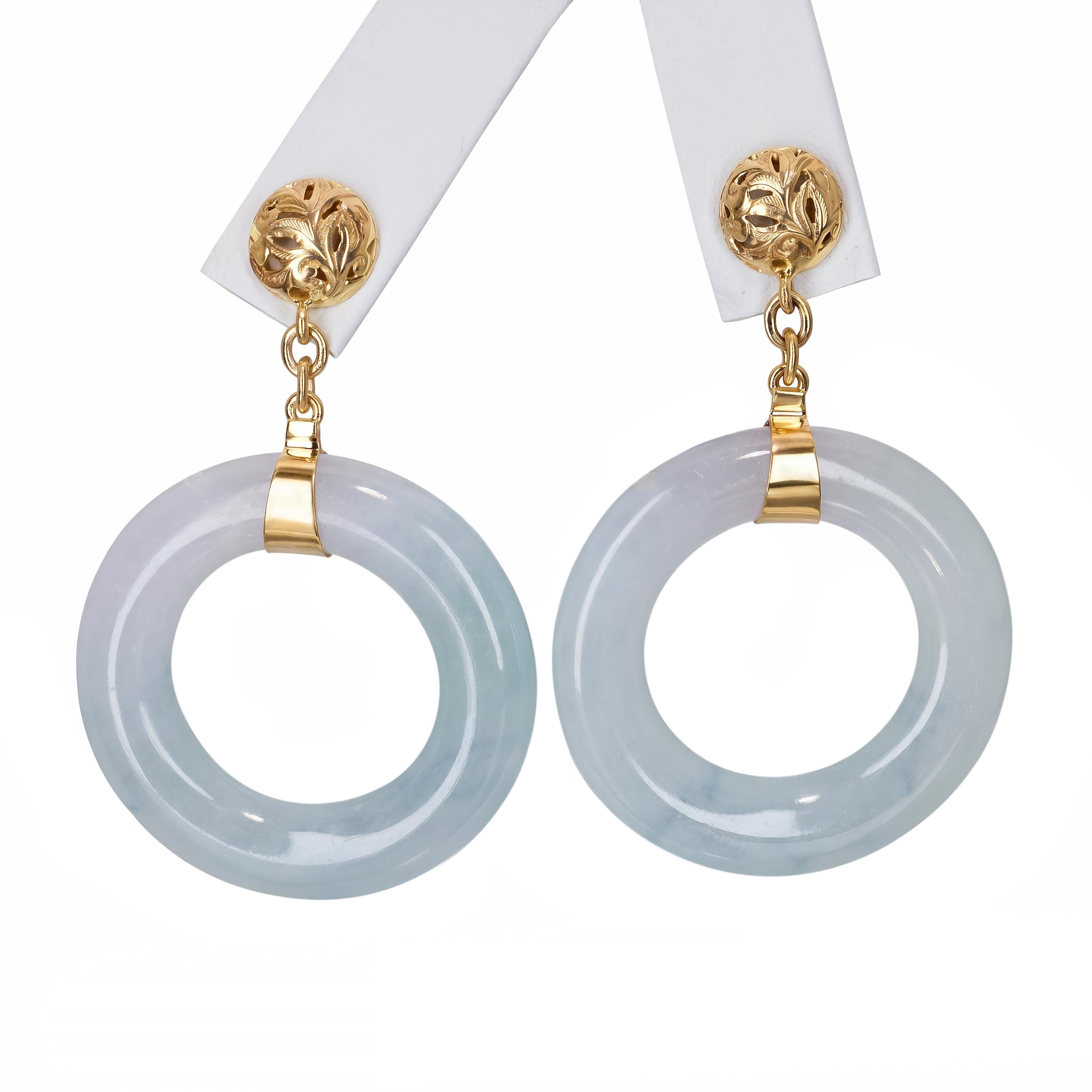 Vintage 14k Yellow Gold Ice Blue Jade Hoop Earrings