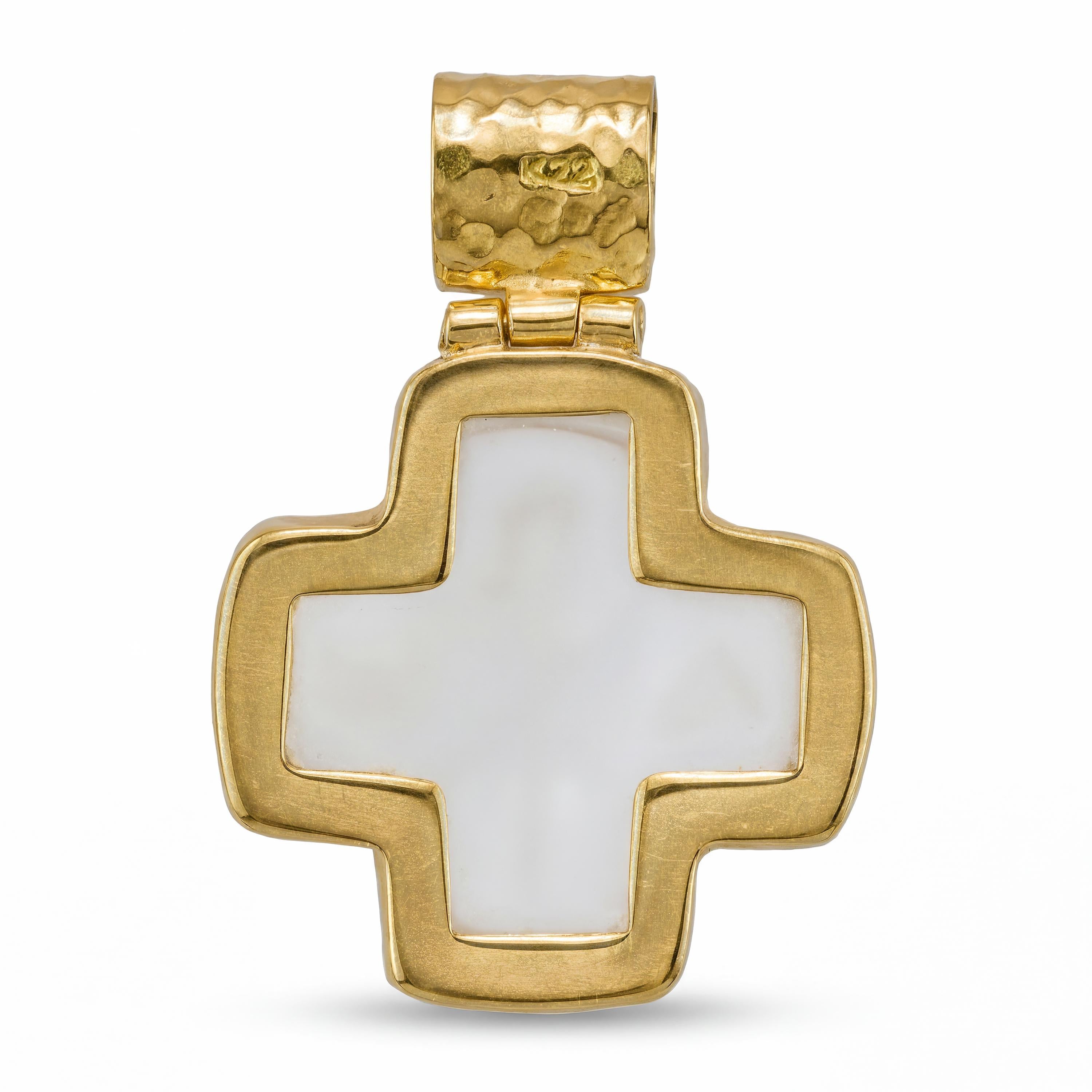 22k Yellow Gold Carved Quartz and Ruby Cross
