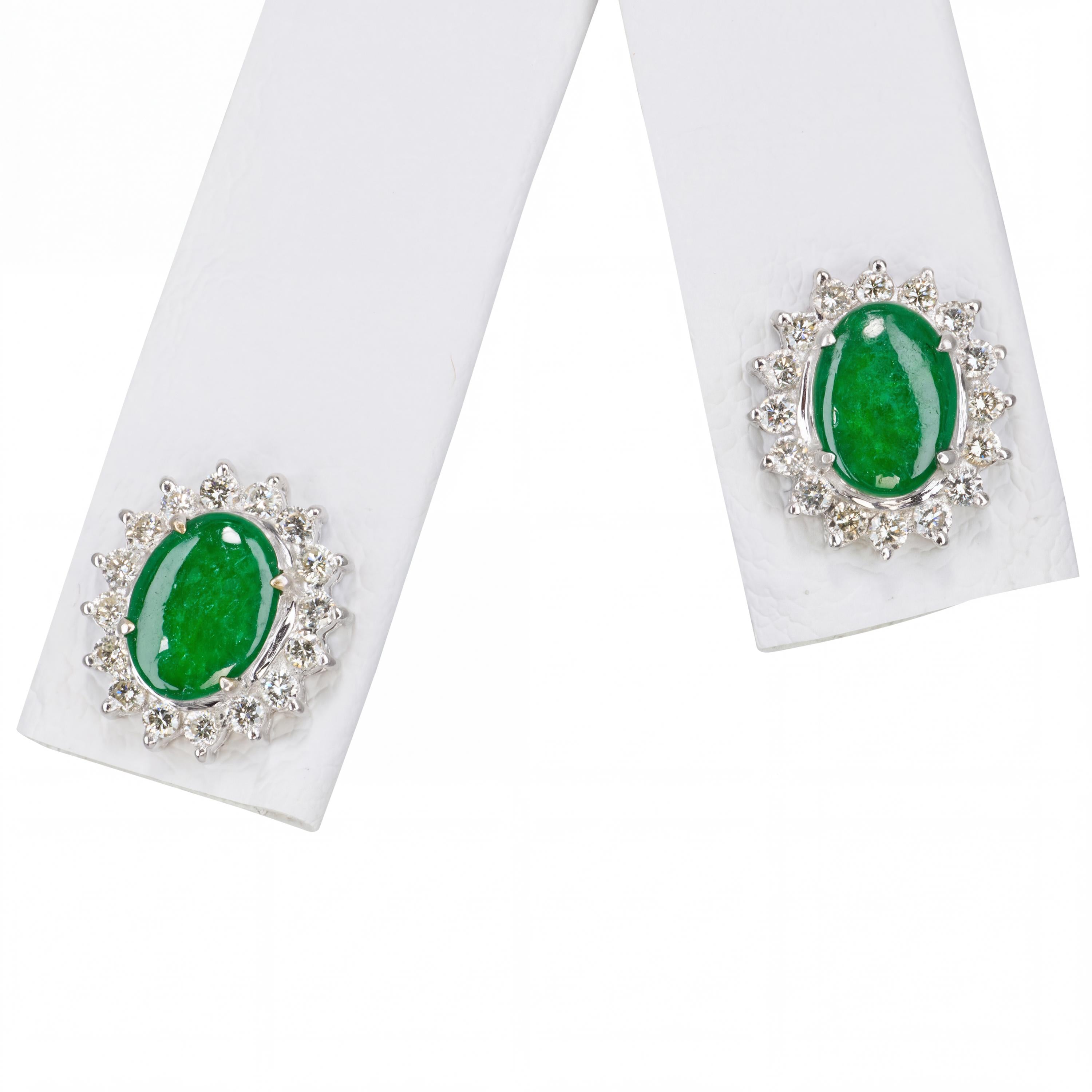Vintage 18k White Gold Green Jadeite and Diamond Earrings