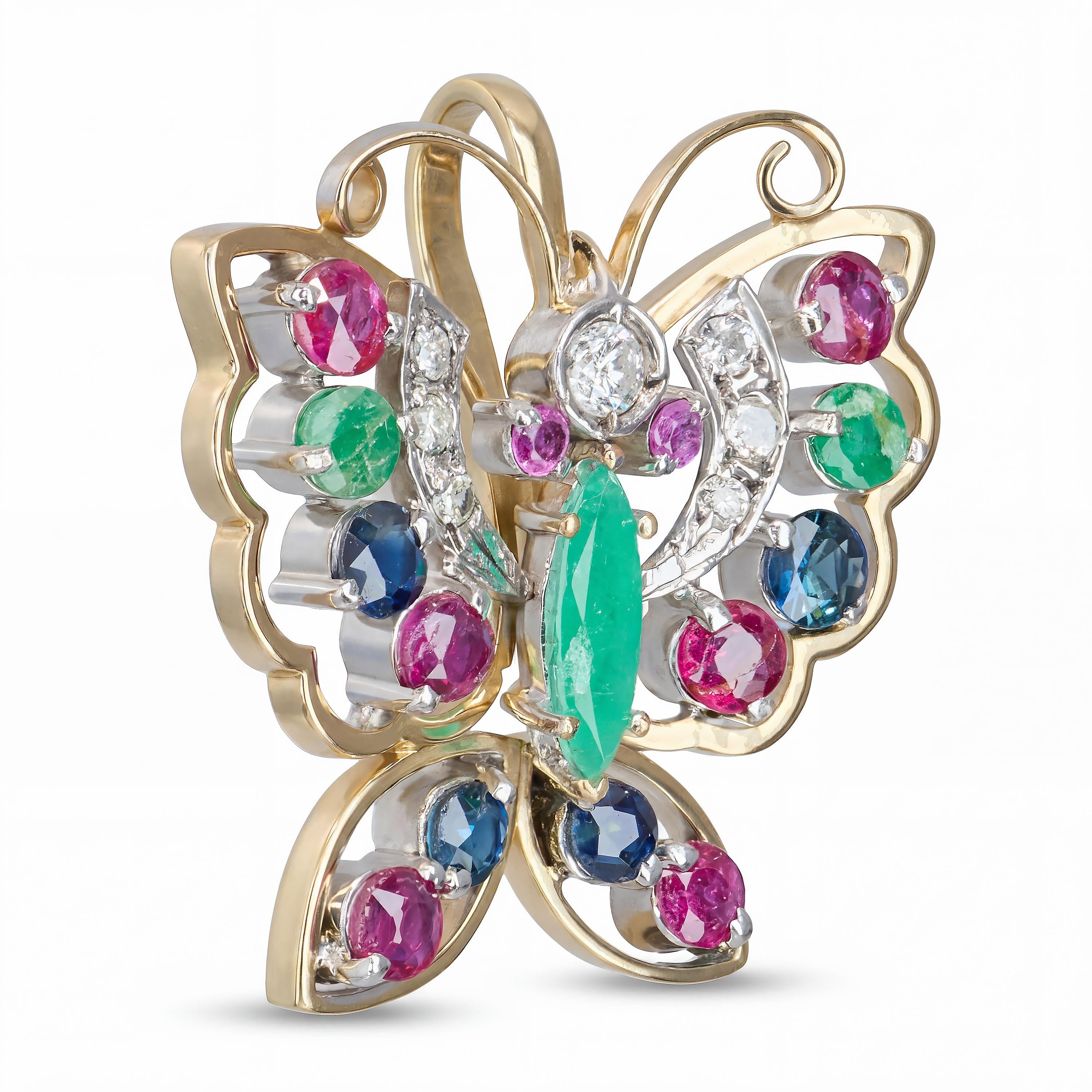 Vintage 14k Yellow Gold Diamond Sapphire Ruby and Emerald Butterfly Pendant
