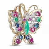 Vintage 14k Yellow Gold Diamond Sapphire Ruby and Emerald Butterfly Pendant