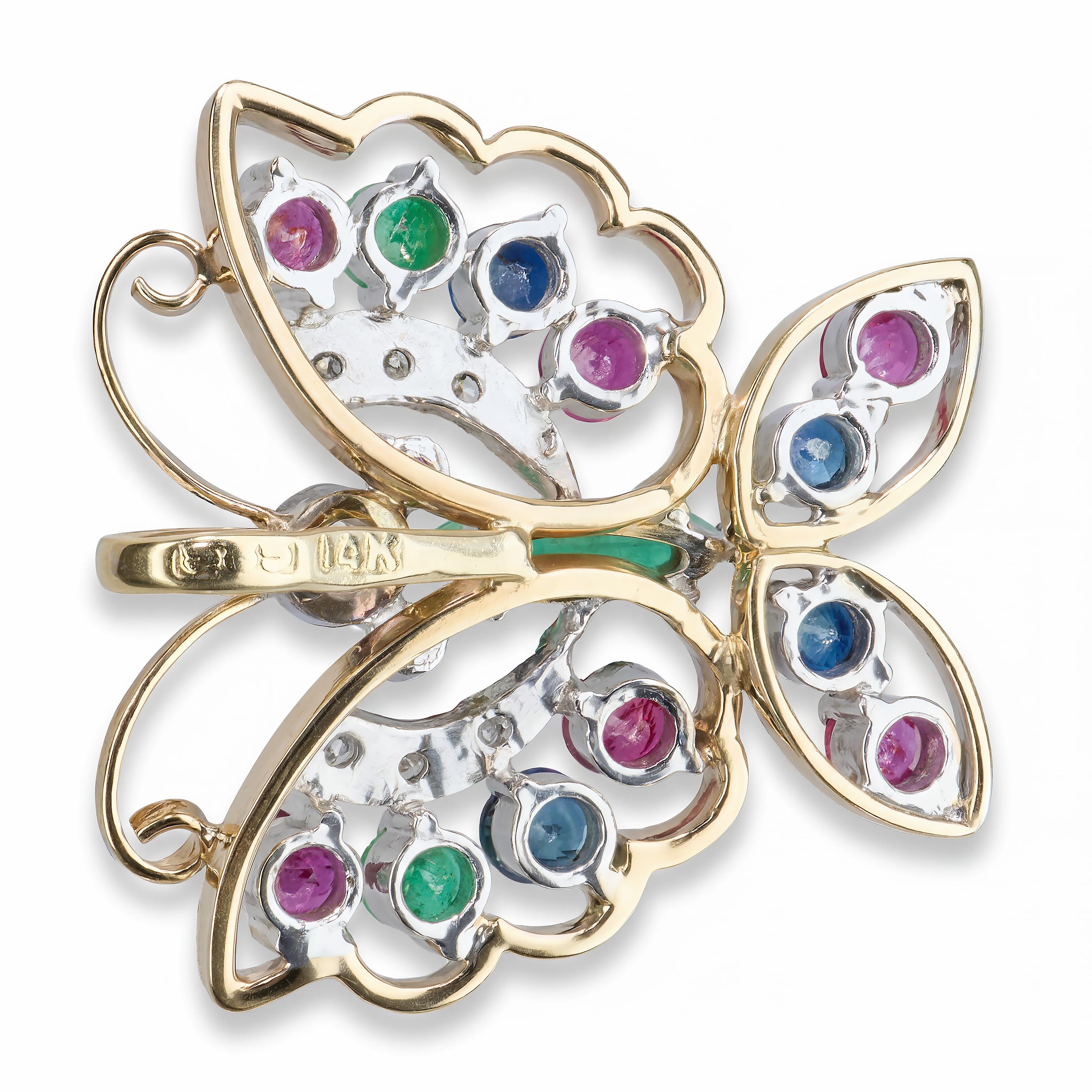 Vintage 14k Yellow Gold Diamond Sapphire Ruby and Emerald Butterfly Pendant