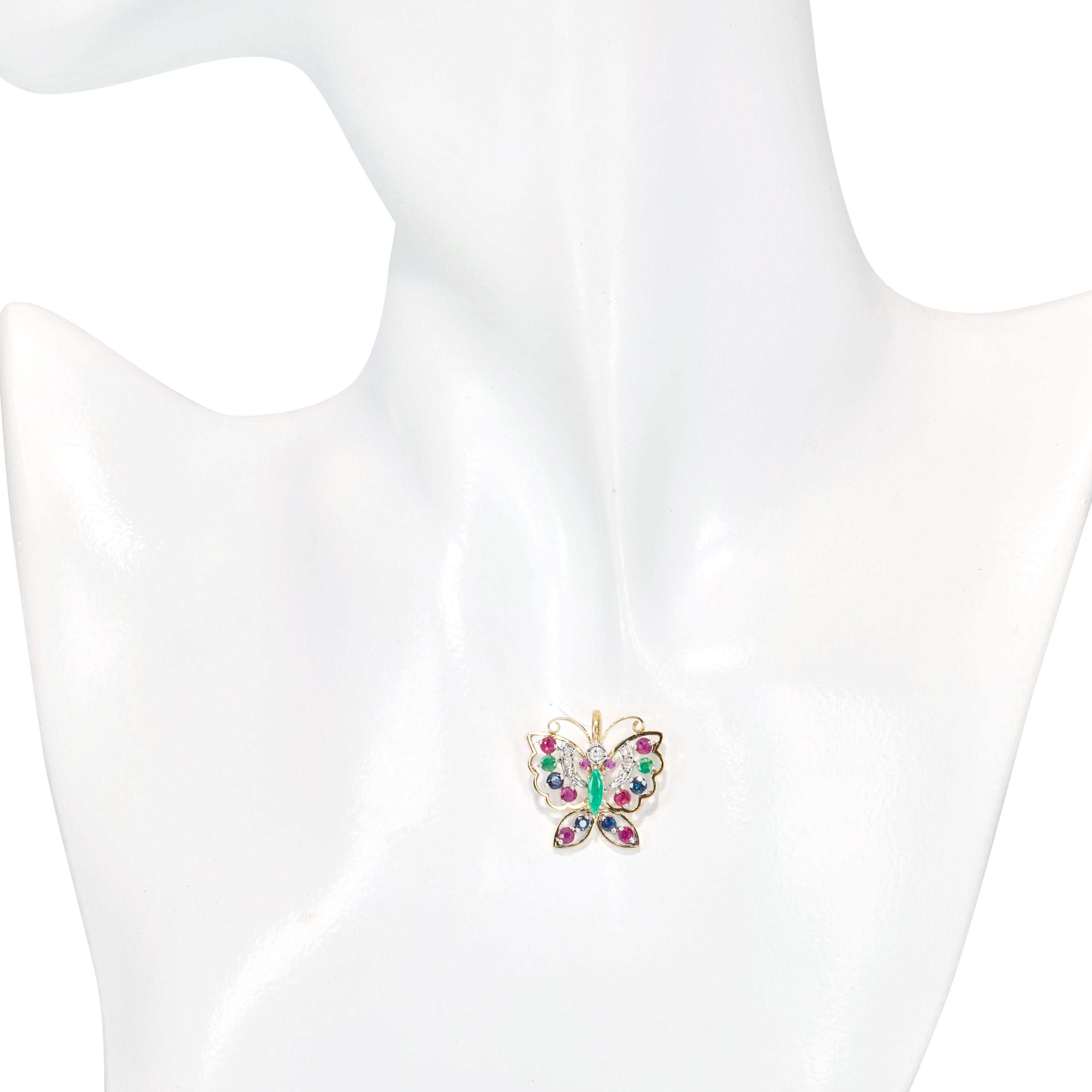Vintage 14k Yellow Gold Diamond Sapphire Ruby and Emerald Butterfly Pendant